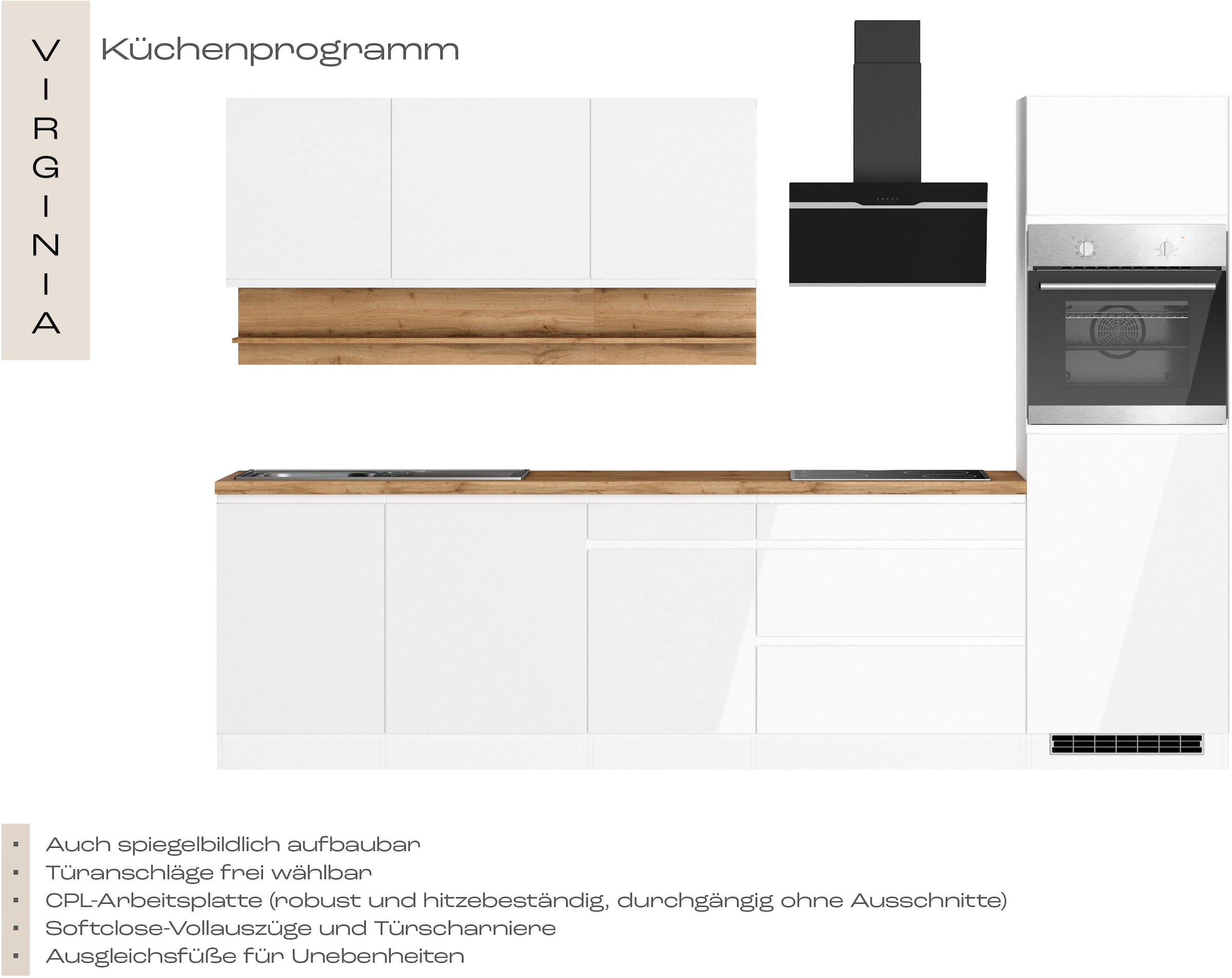 KOCHSTATION Küchenzeile »KS-Virginia,neu in verbesserter Ausführung« Arbeitsplatte 38 mm stark, Stauraum, Softclose,  Breite 300 cm, Soft-Close, wahlweise mit E-Geräten