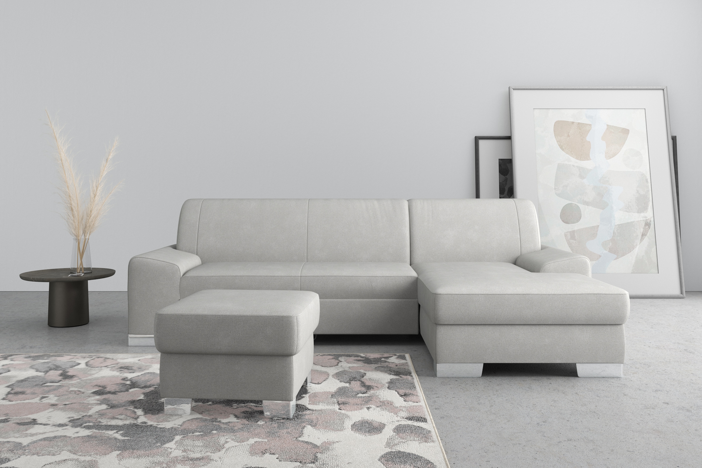 Image of DOMO collection Ecksofa "Anzio L-Form, whlw. Bettfunktion, Federkern, hochwertig, Breite 271 cm" Ohne Bettfunktion, Recamiere rechts, Chenille-Struktur, hellgrau