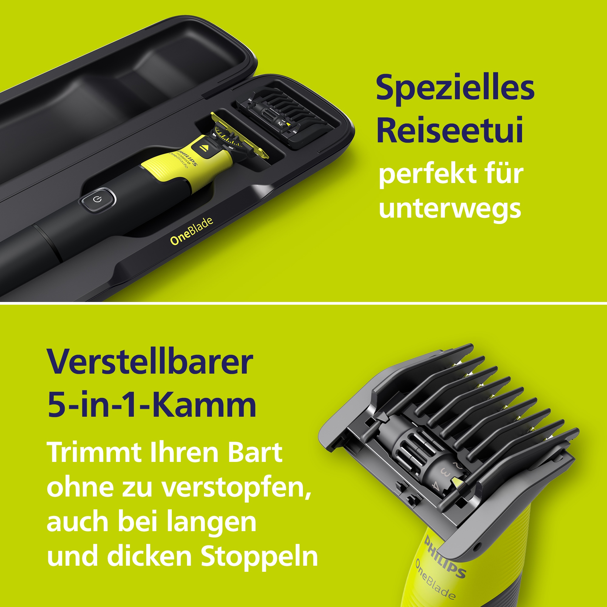 Philips Rasoirs électriques »OneBlade Face & Body QP4631/65« 4 cuis Aufsätze 360-Grad-Klinge, inkl. verstellbarem 5-in-1 Kammaufsatz