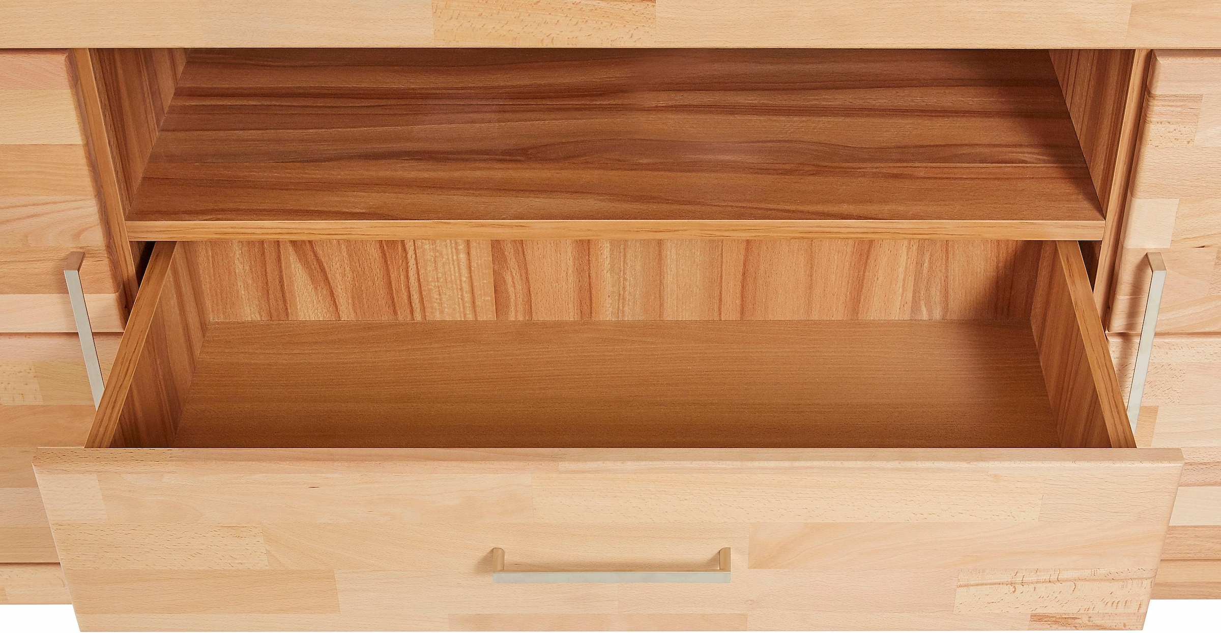 Home affaire Lowboard »Logo,160cm breit,42 cm tief, Fronten Massivholz, Kabeldurchführung«, Korpus Holzwerkstoff,62 cm hoch, 5 Fächer, Metallgriffe