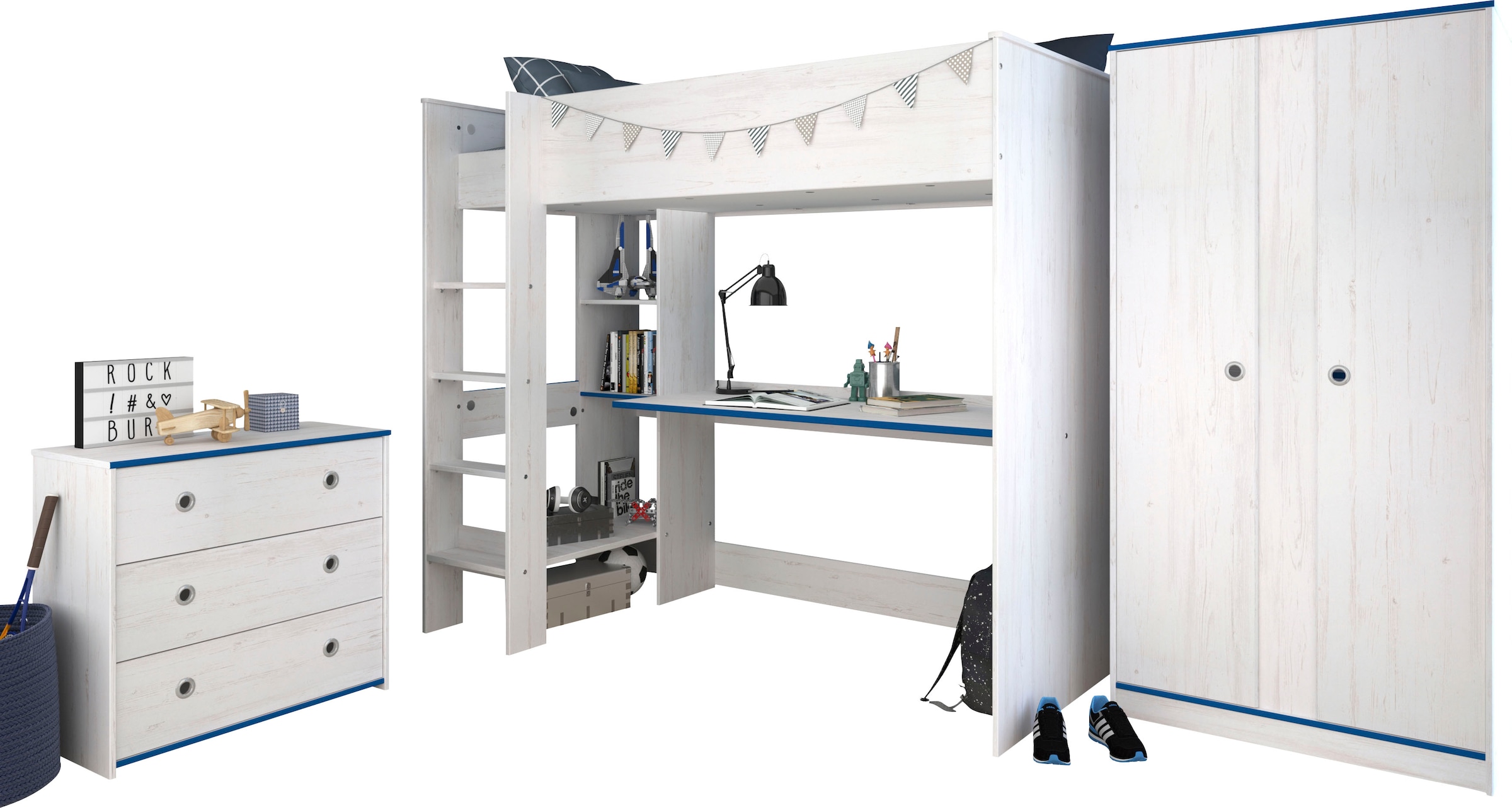 Parisot Jugendzimmer-Set »Smoozy«, (Set, 3 tlg., Hochbett mit Schreibtisch, Kleiderschrank und Schubkastenkommode)