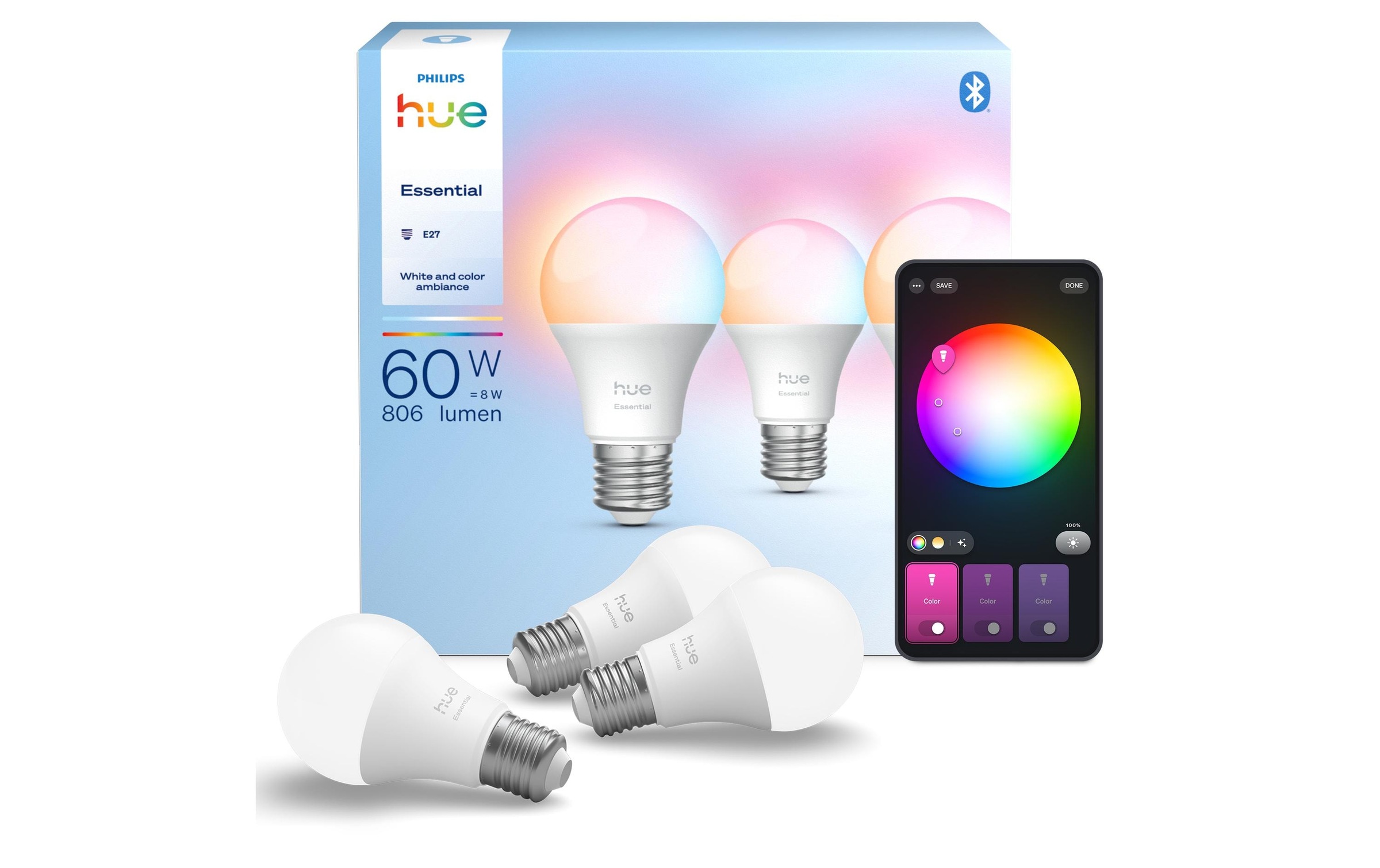 Image of Philips Hue Smarte LED-Leuchte "Essential, E27, 8 W, White & Colour, 3 Stück" E27