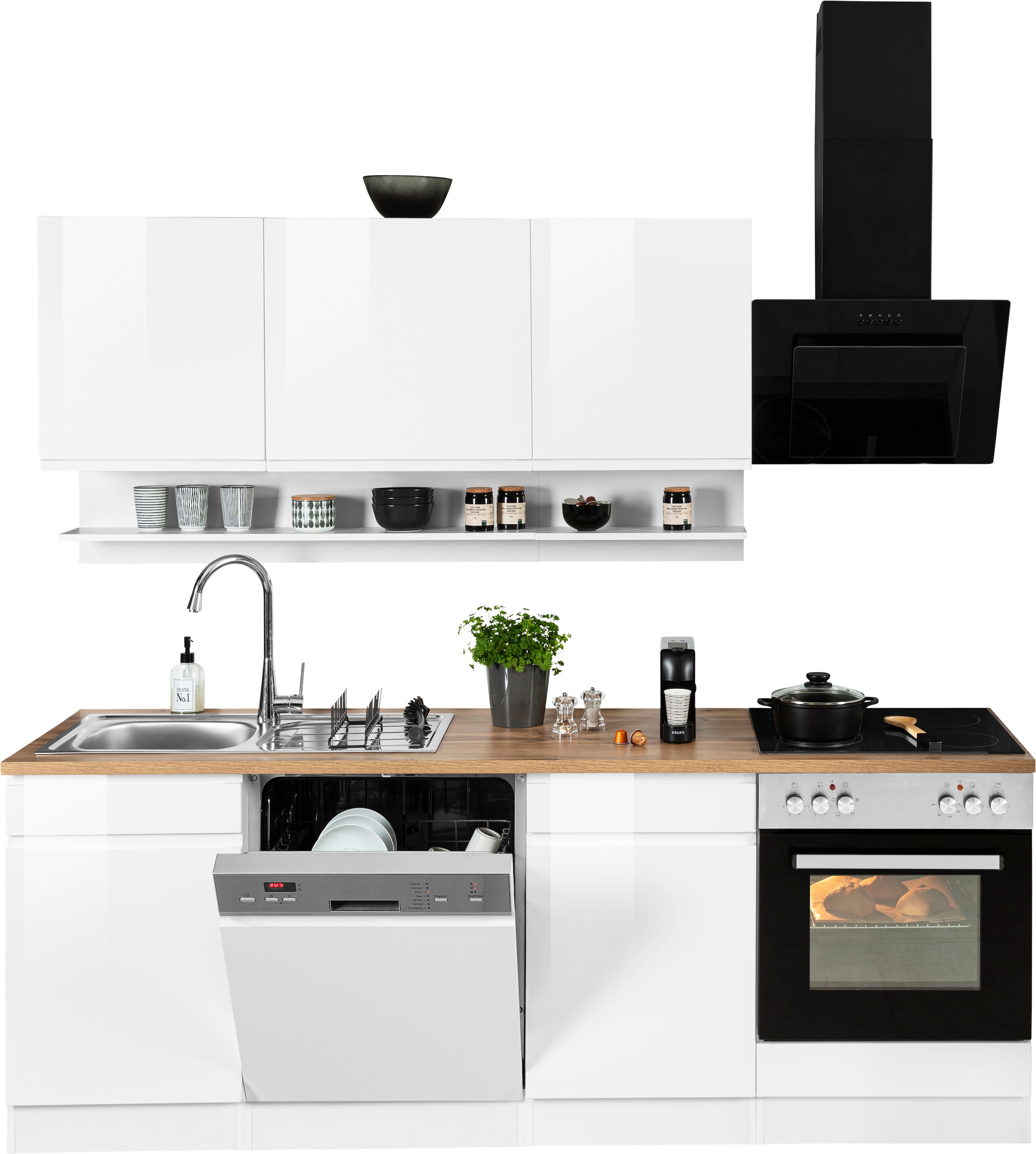 KOCHSTATION Küchenzeile »KS-Virginia,neu in verbesserter Ausführung« Arbeitsplatte 38 mm stark, Stauraum, Softclose,  Breite 220 cm, Soft-Close, wahlweise mit E-Geräten