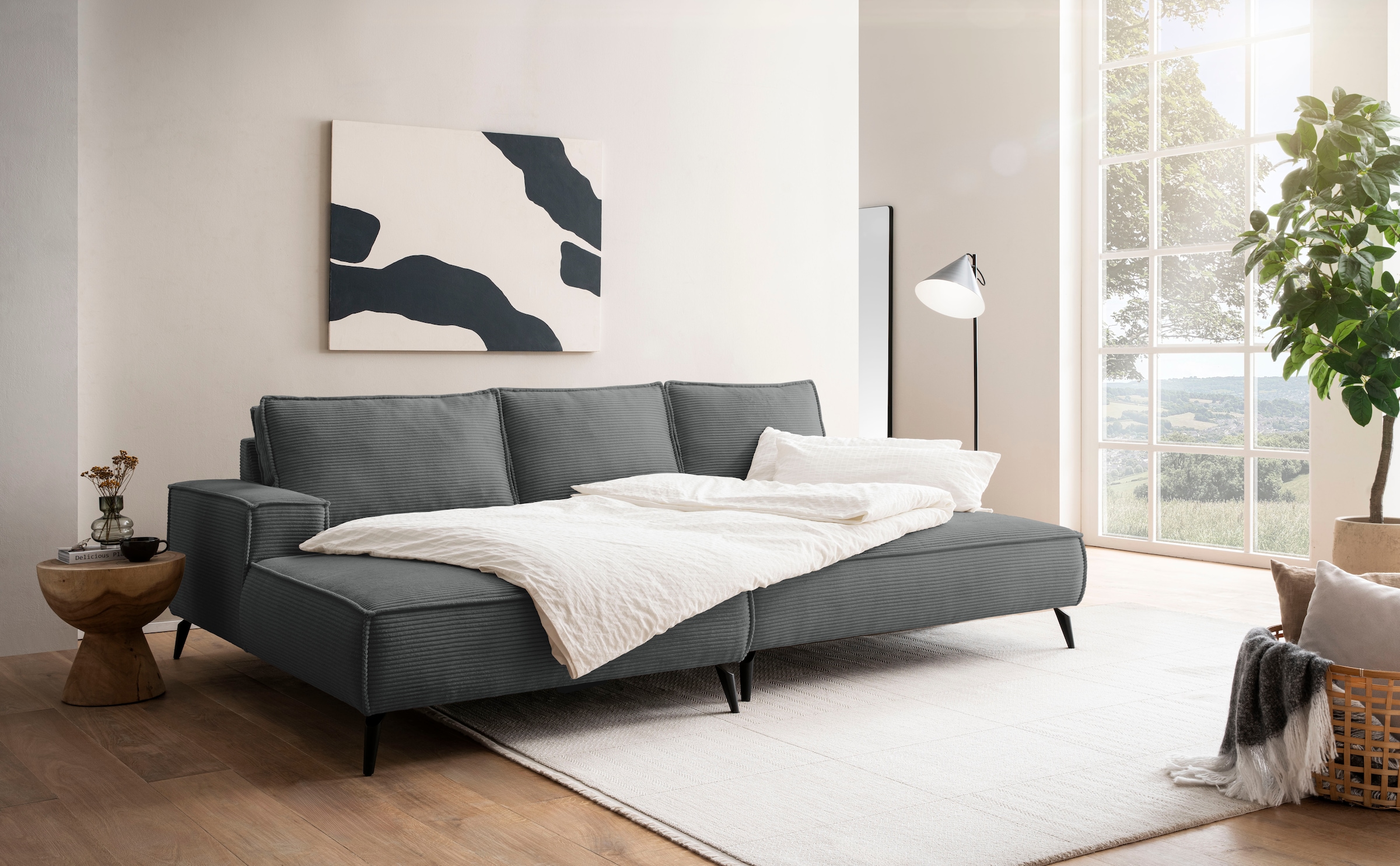 andas Ecksofa »TVINNU, L-Form in Cord, Sofa«, wahlweise Recamiere rechts/links, schwarze Füsse, bequemer Sitzkomfort