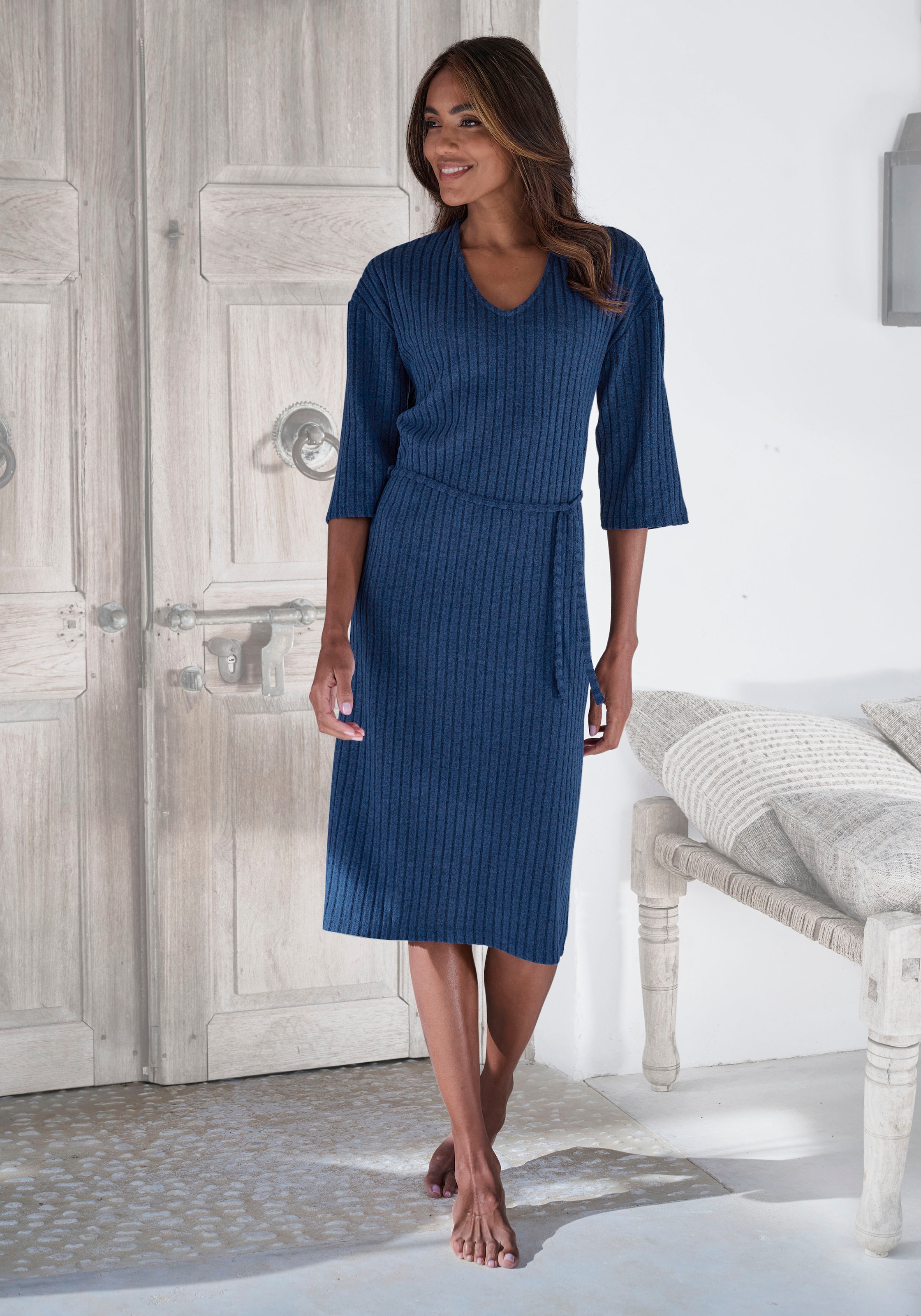 Strickkleid »/ Rippkleid/ Loungekleid«, mit weiten Ärmeln und Taillenband, Loungewear