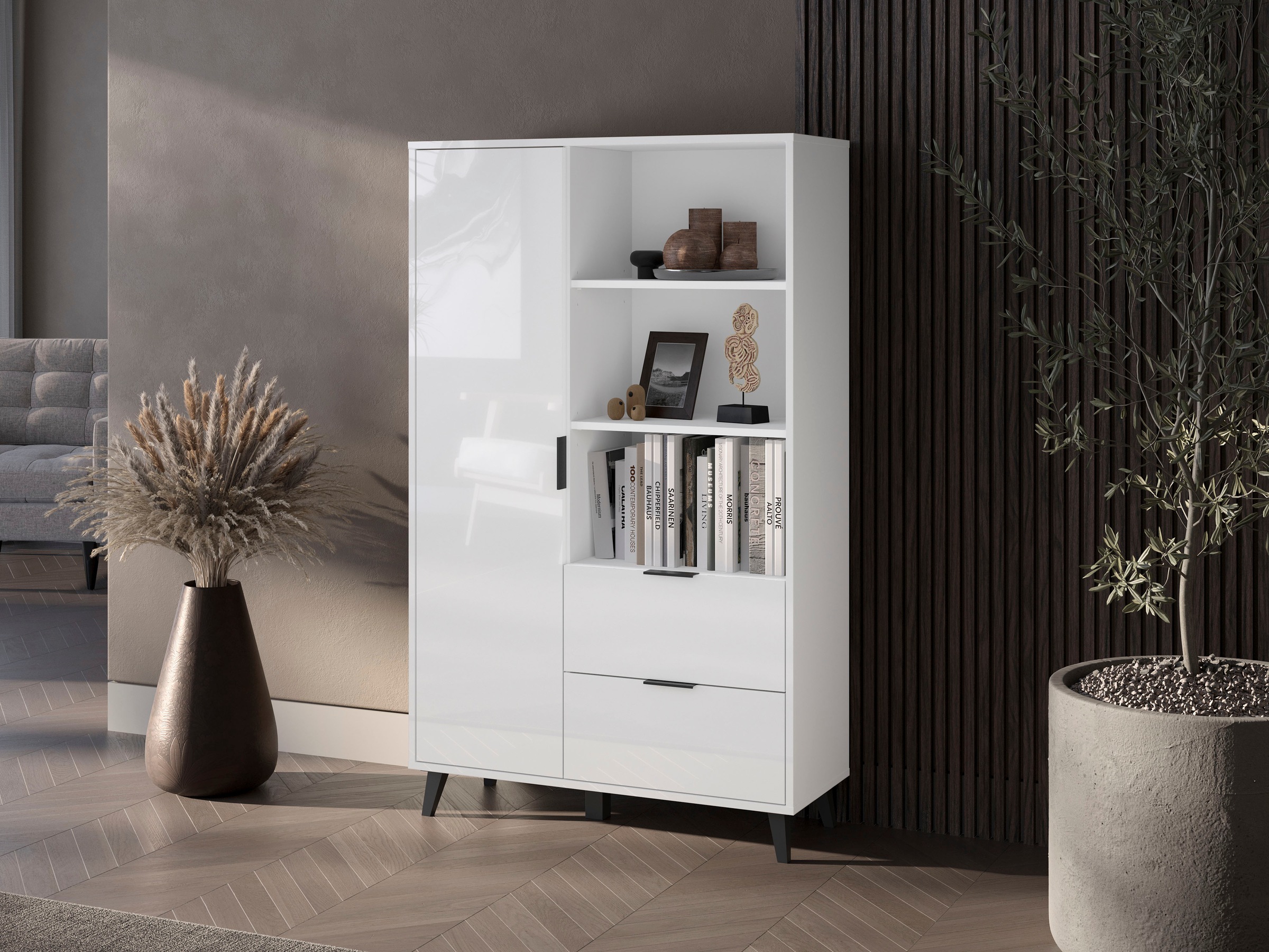 Image of GOODproduct Highboard "Oslo, B/H/T: 85/140/33 cm" 1 Stk. tlg. Schublade, höhenverstellbare Einlegeböden, schwarze Metallgriffe