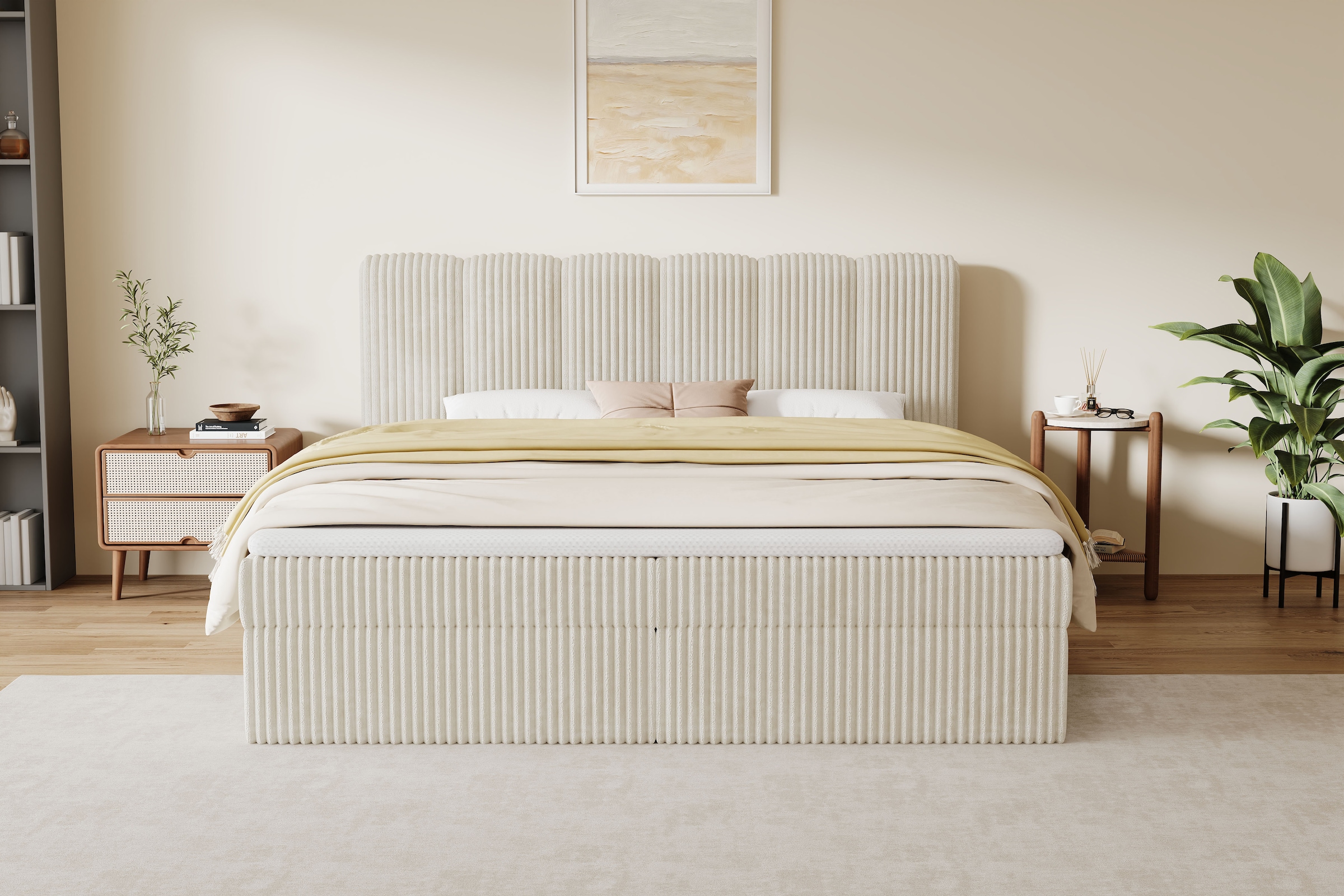GOODproduct Lit de boxe »SIVVA in der Breite 180cm, flauschiger Breitcord, Farbe: cream« Incl. matelas à ressorts ensachés (H3) & surmatelas (4 cm)