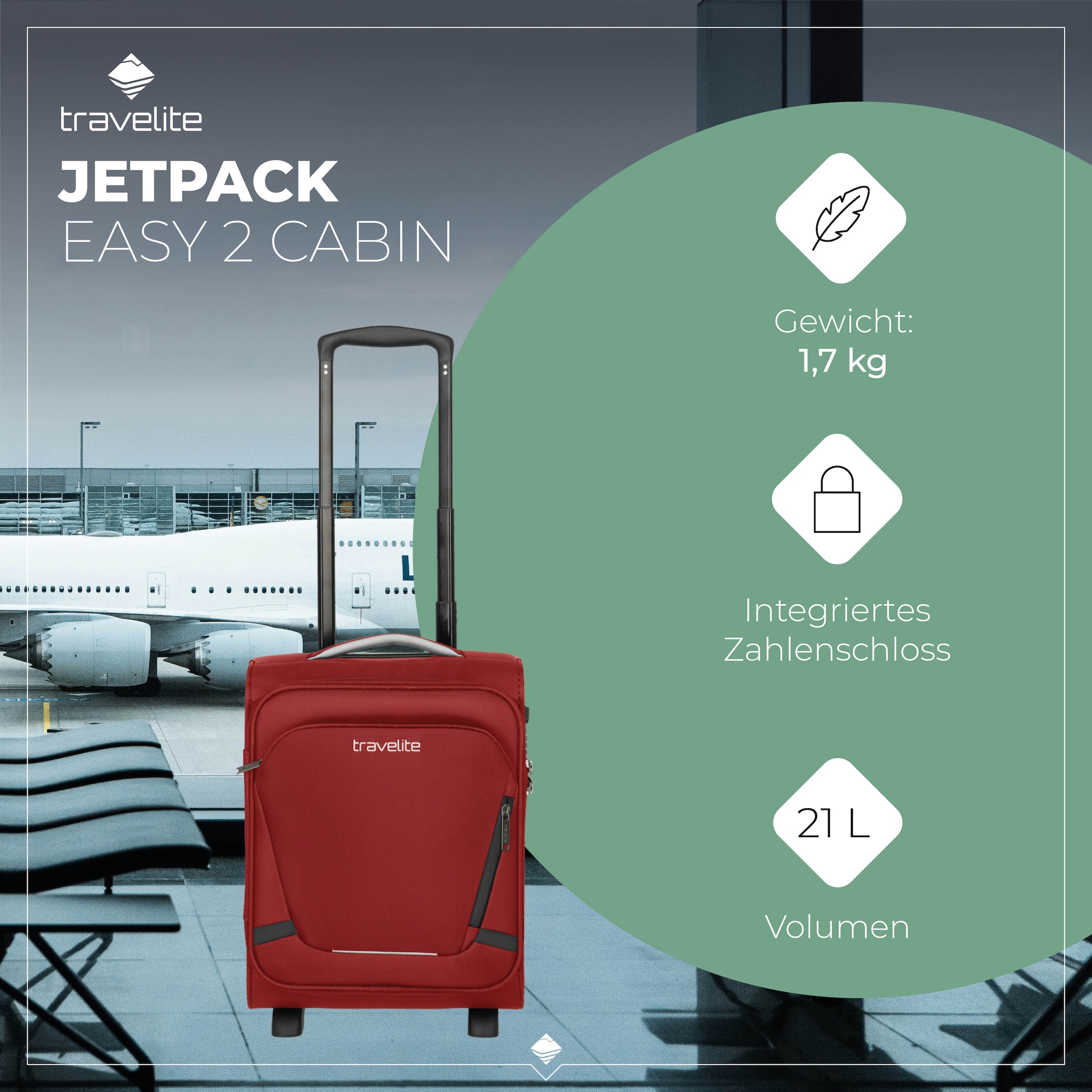 travelite Trolley pour bagages à main »JETPACK Easy 2 Cabin Handgepäck Koffer« 21 litre 4 Rollen bagages souples, adaptés à de nombreuses compagnies aériennes