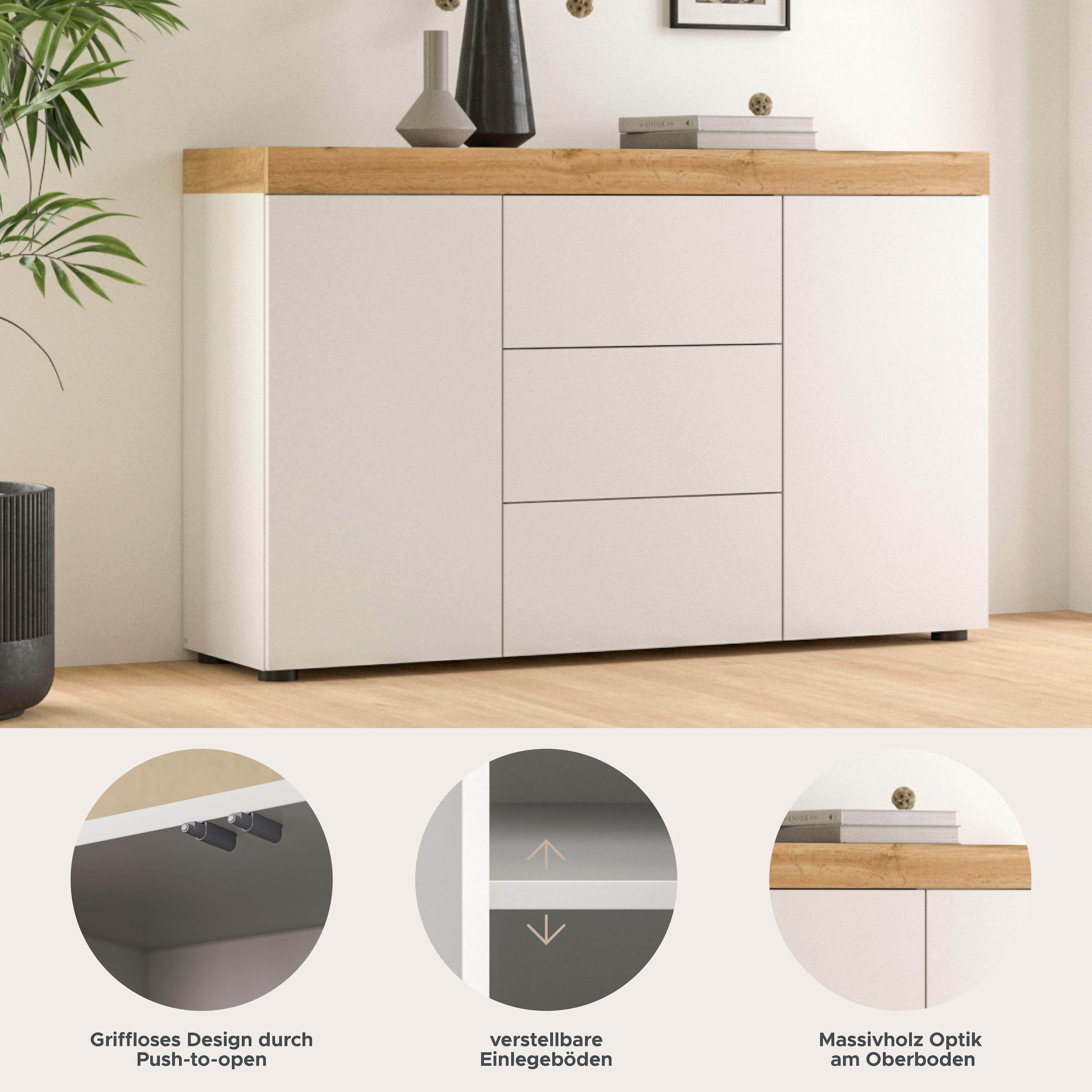 GOODproduct Buffet »MAMBO, Breite 125cm, 2 Türen, 3 Schubkästen, push-2-open« 2 farbige Ausführung, in verschiedenen Farben erhältlich, 1 cuis tlg. Sideboard, Kommode, Wohnzimmer, Flur, Arbeitszimmer