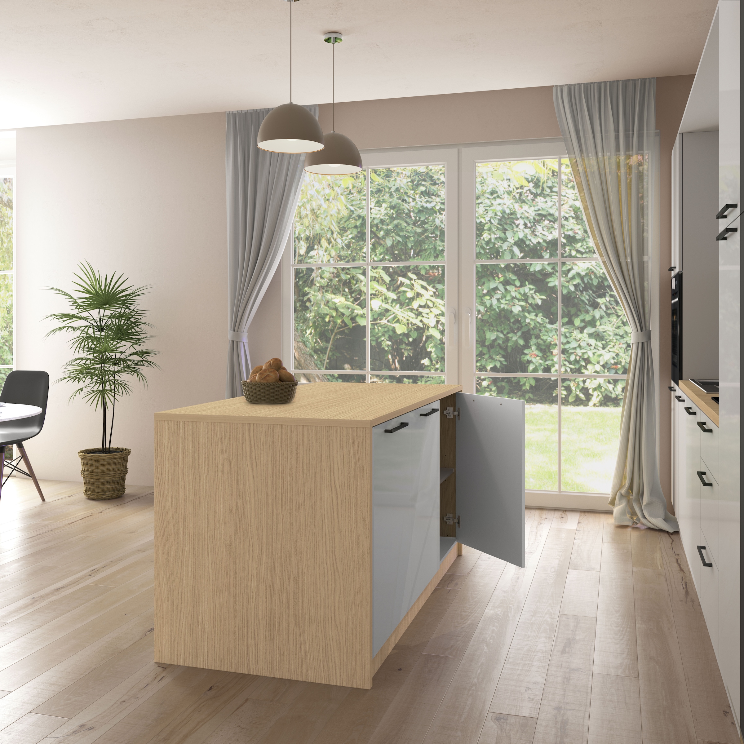 KOCHSTATION Ilot de cuisine »KS-Luna« Largeur 170 cm, 3 portes, 6 compartiments intérieurs, 3 places à manger, portes amorties