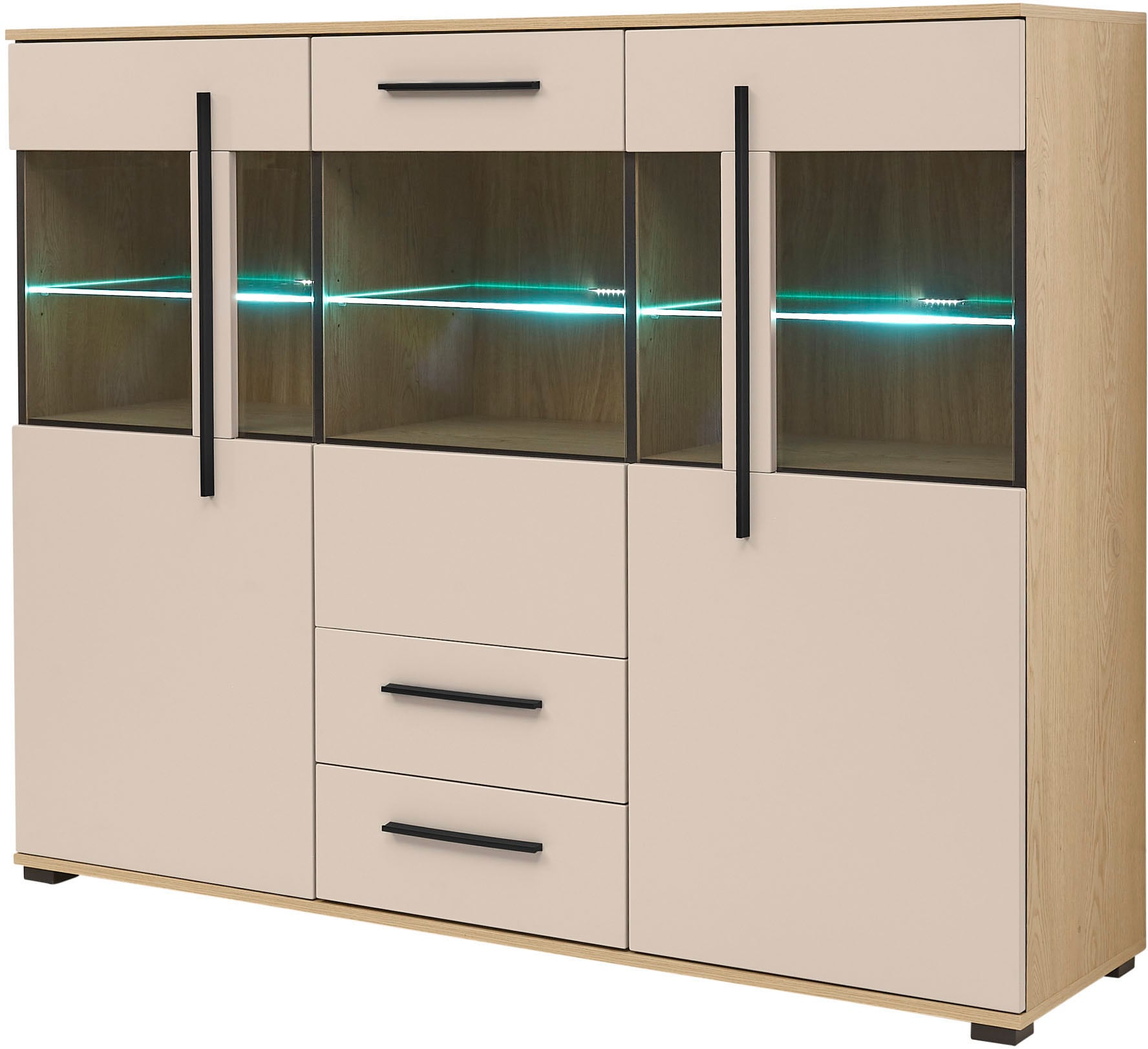 Home affaire Buffet haut »Cantara, moderner Schrank, Vitrine in Eiche Dekor, Weiss oder Kaschmir« poignées noires en barre, espace de rangement suffisant, polyvalent