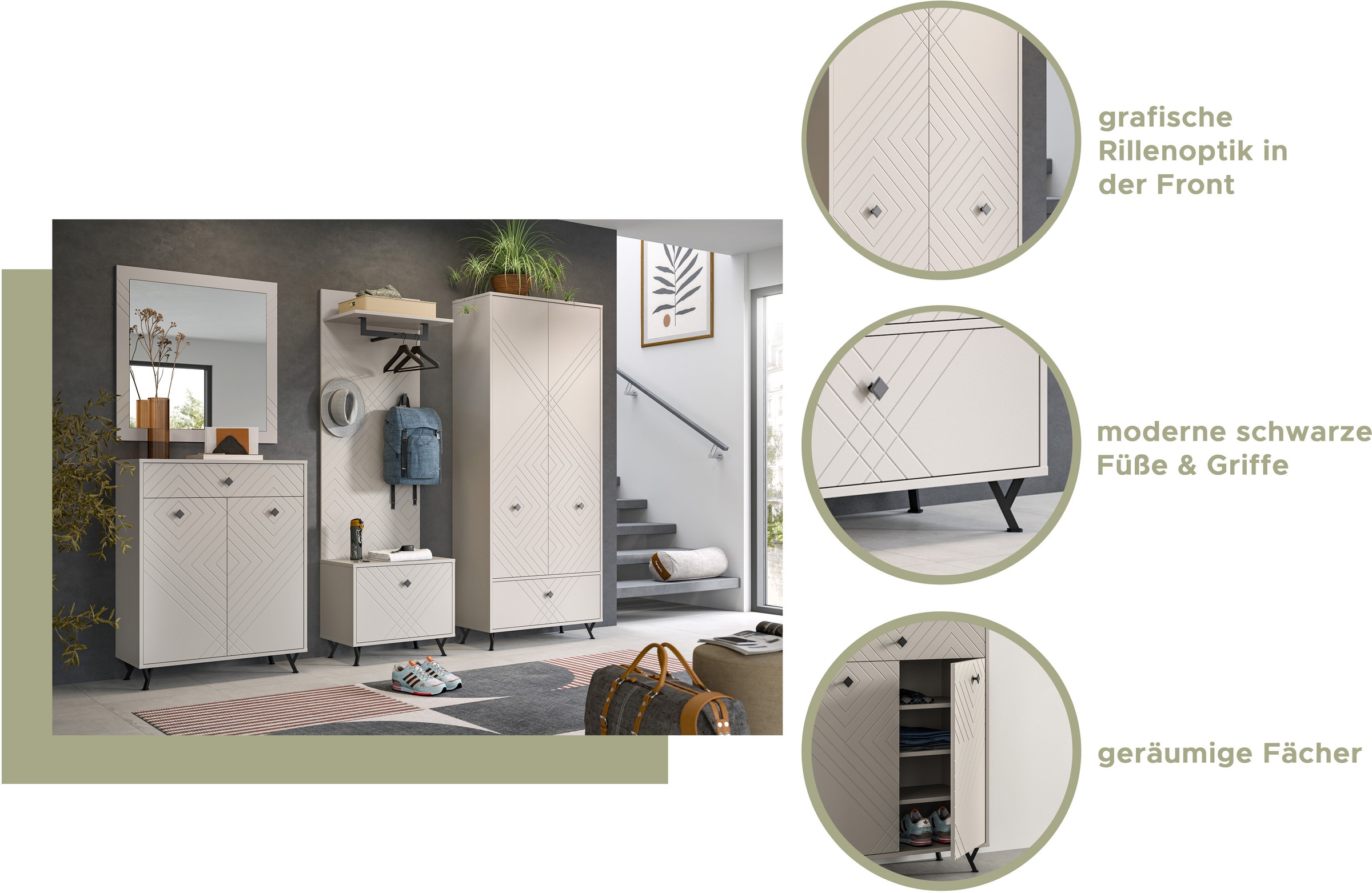 INOSIGN Garderoben-Set »Mento, 4-teilig, Ornamentfräsung in der Front, bestehend aus:«, (Set, 4 St.), Kommode, Spiegel, Sitzbank & Garderobenpaneel, Metall Griffe & Füsse