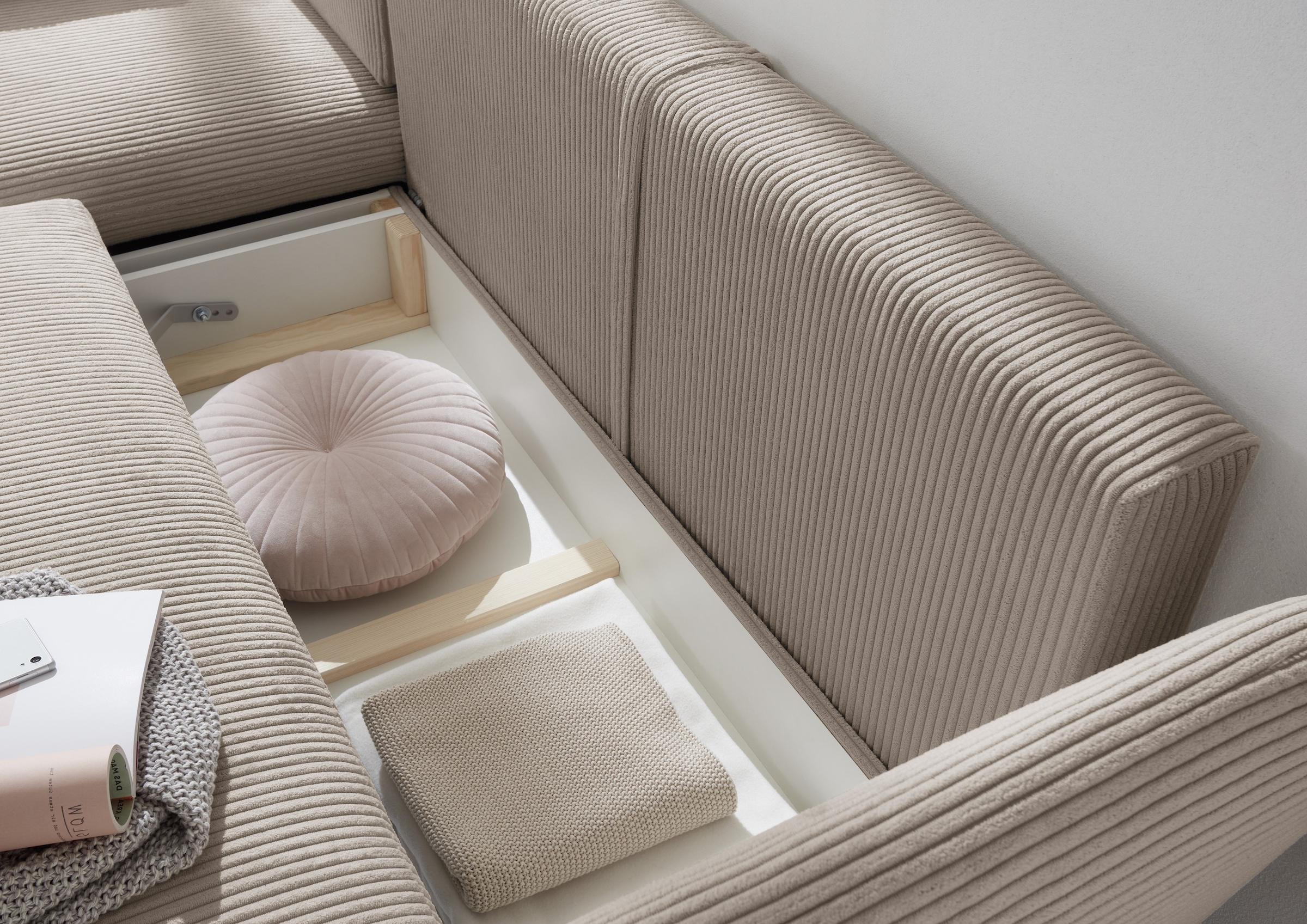 andas Ecksofa »MERLE, 258 cm, L-Form, traumhafter Cord,«, mit Bettfunktion und Bettkasten, Liegefläche 224 x 139