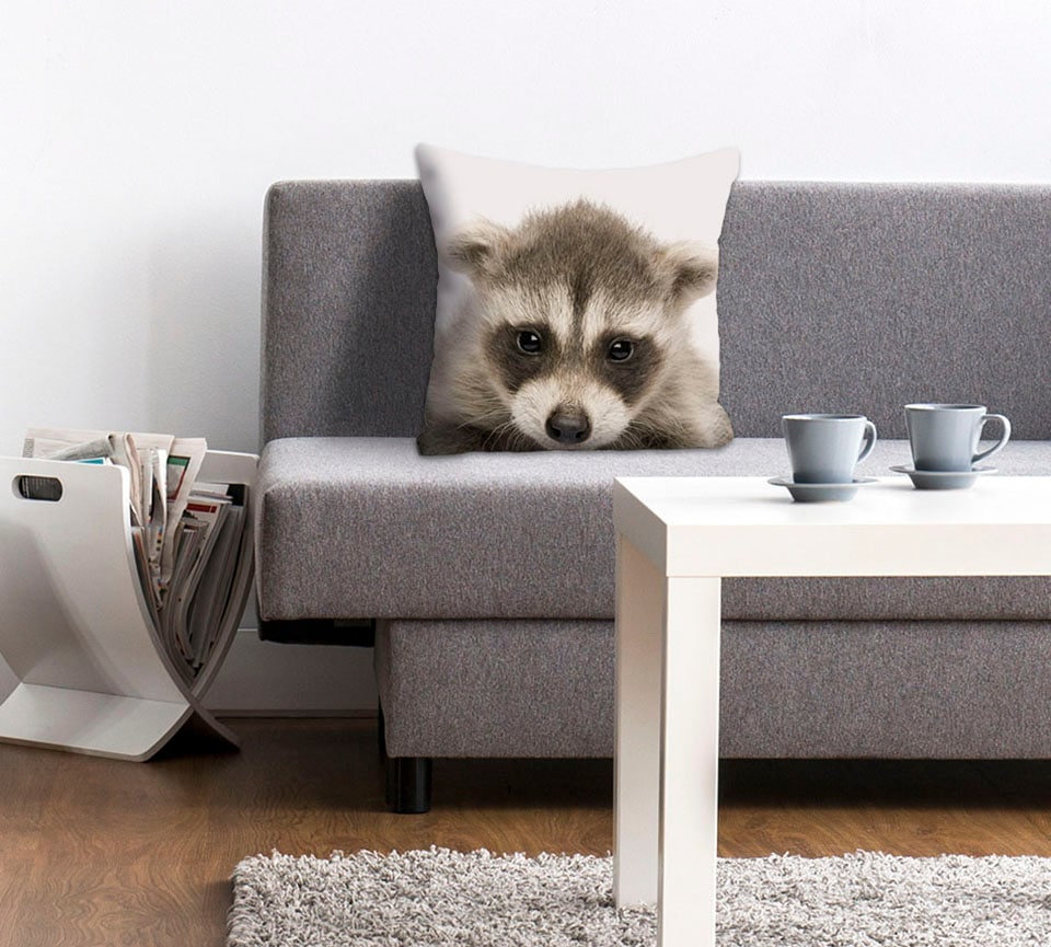 queence Dekokissen »Dean« Kissenhülle,Waschbär,Lustig,Tiere,Niedlich,Freundlich,Natur,Wald,Bunt