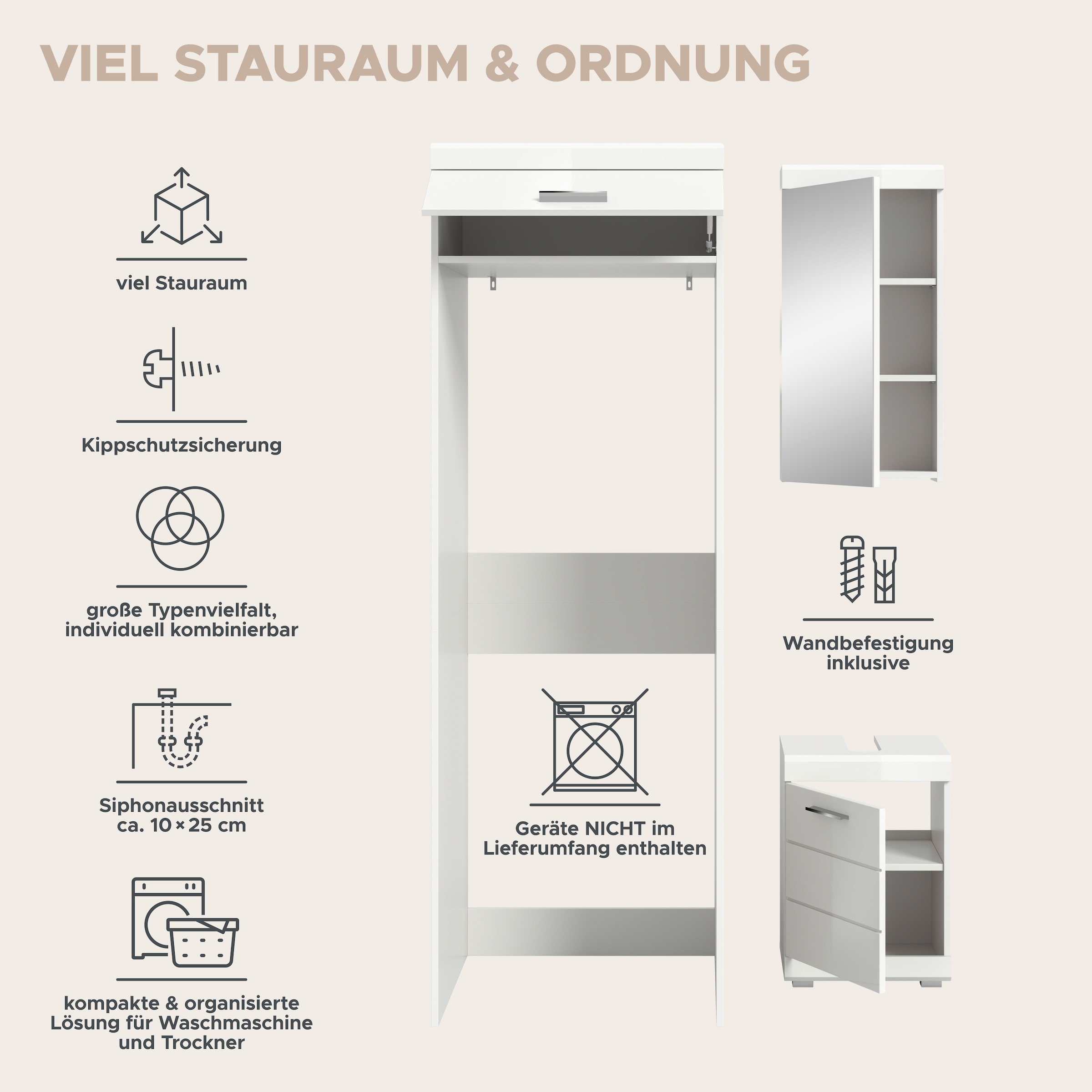 welltime Ensemble de meubles de salle de bain »SIENA, 3-tlg., WBU, Spiegelschrank & Waschmaschinenschrank, MDF-Front«