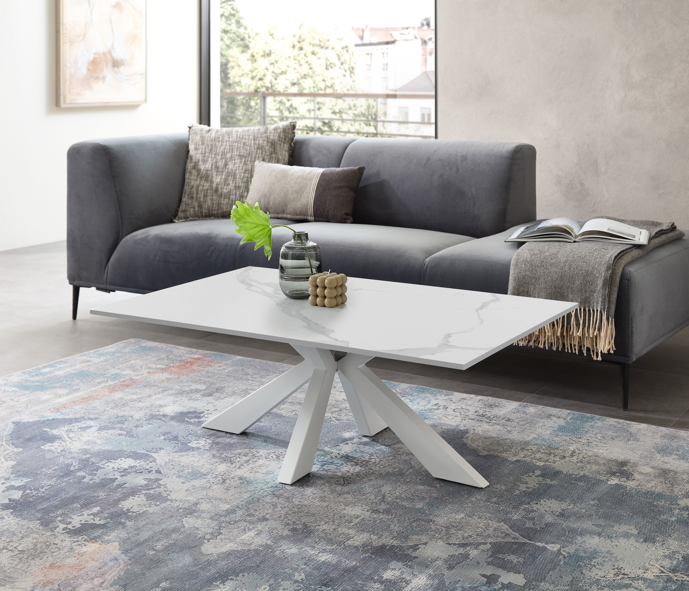 Stolkom Couchtisch »Noah Wohnzimmertisch Keramik, Weiss marmoriert, BxHxT 110x40x70 cm«, Keramikoberfläche weiss marmoriert, 4-Fuss Gestell in weiss