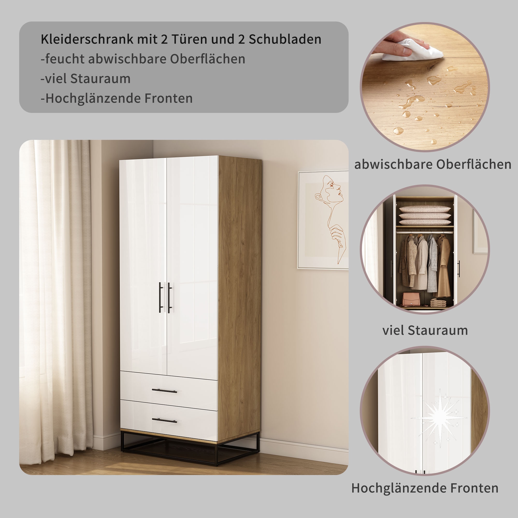 GOODproduct Kleiderschrank »Lucca Schlafzimmerschrank Garderobe hochglanz Bestseller« Hochwertige schwarze Griffe und Kufengestell,  Schlafzimmerschrank mit 2 Türen und 2 Schubladen, Breite 80cm