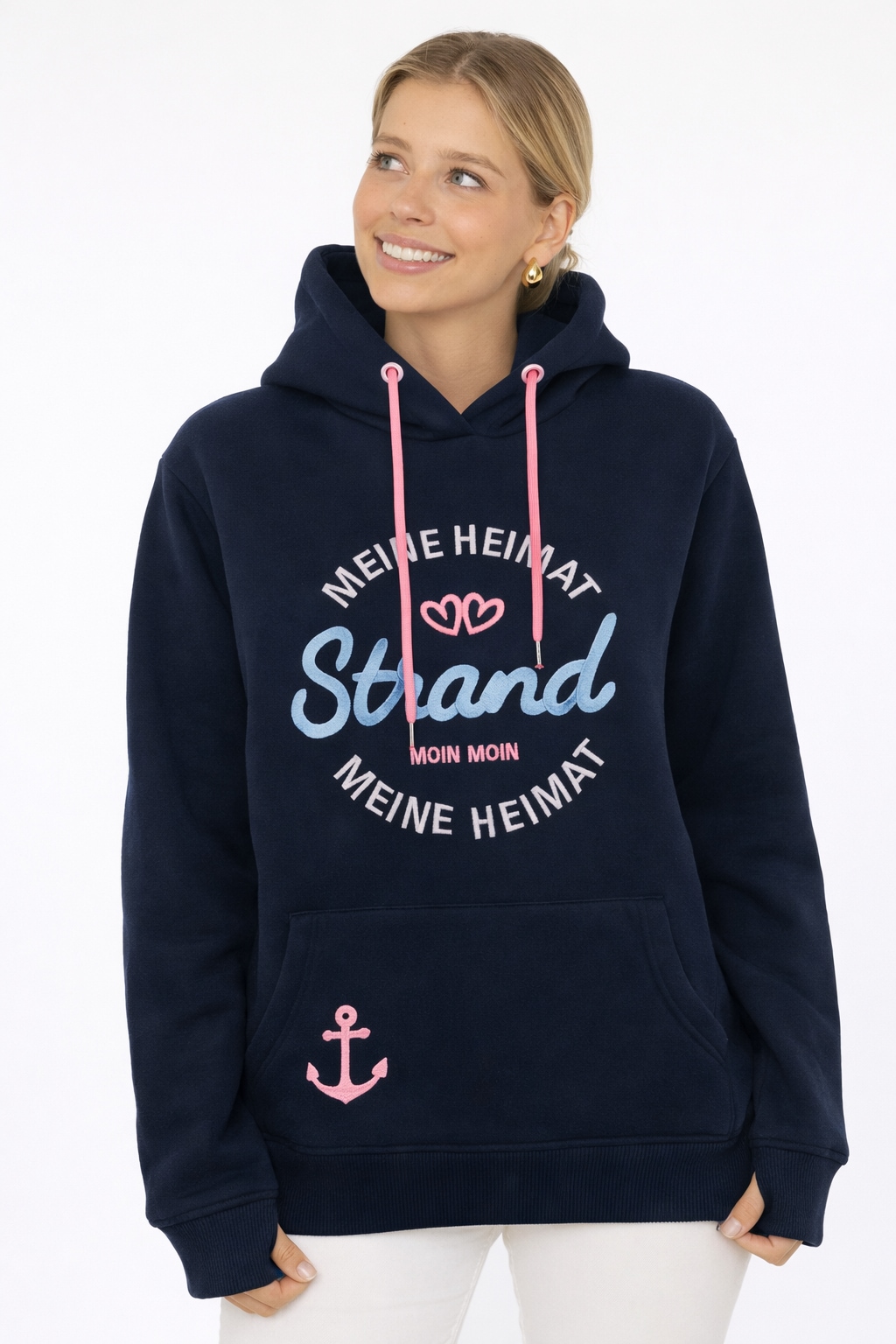 Image of Zwillingsherz Hoodie ""Meine Heimat"", mit aufgesticktem "Strand"-Schriftzug vorne und hinten