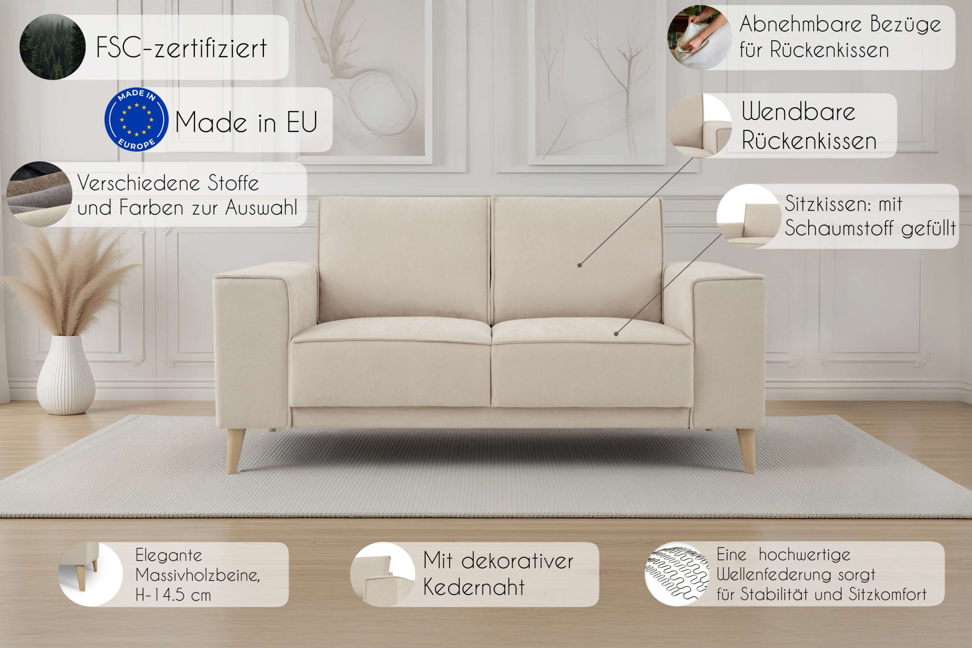 GOODproduct 2-places »Oland Skandi, weicher Chenille-Stoff« 164 cm, Wellenunterfederung, Skandi-Design, Massivholzfüsse