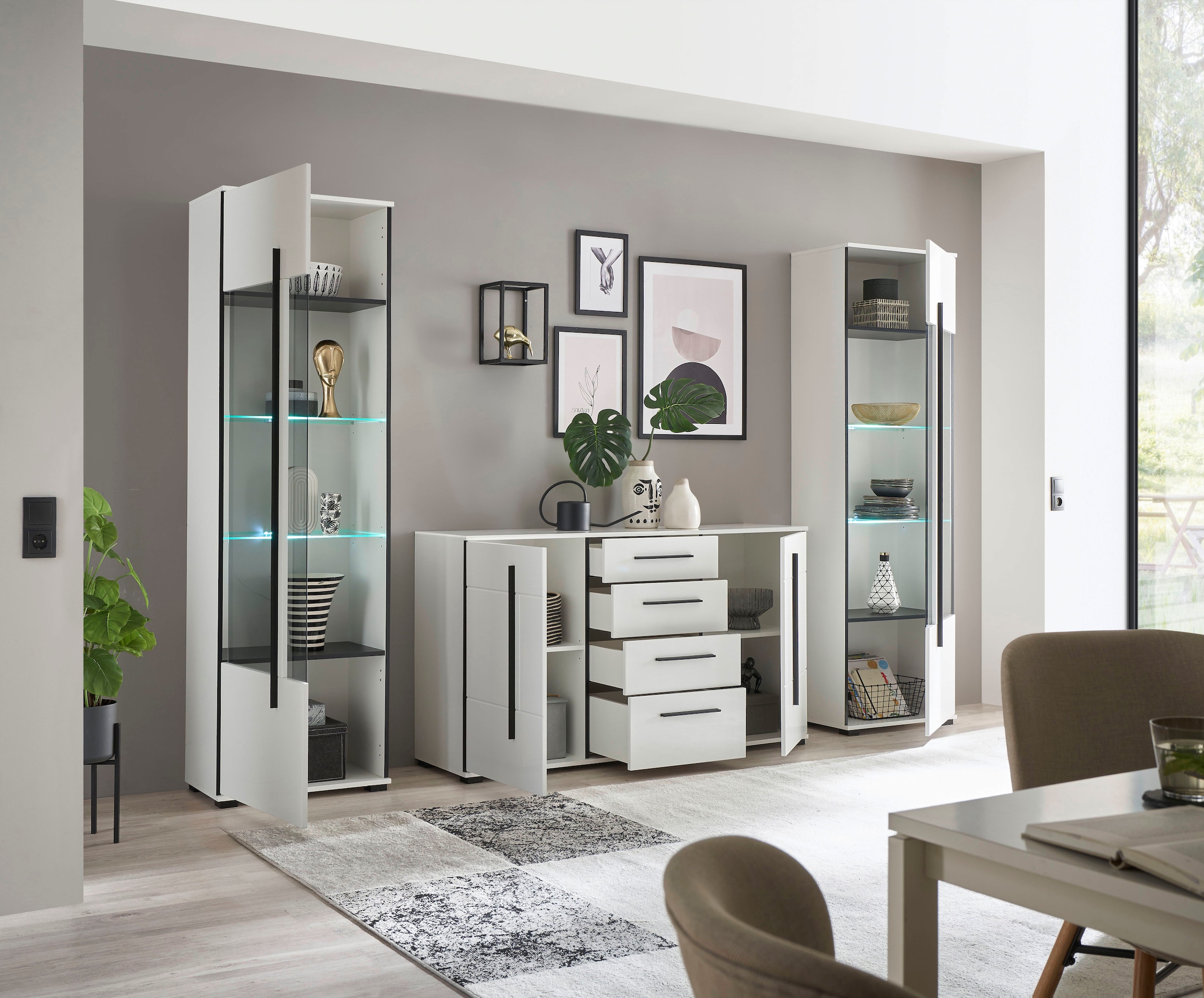 INOSIGN Wohnwand »Cantara, moderne Anbauwand, Wohnzimmer-Set, in Eiche Evoke oder Weiss«, (Set), enthält zwei Vitrinen und ein Sideboard