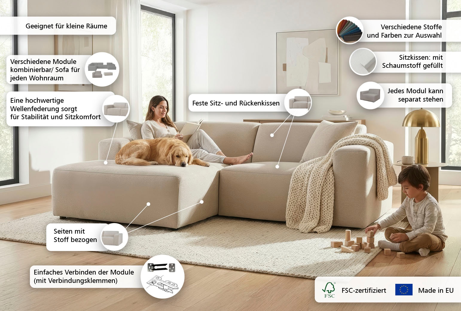 GOODproduct Ecksofa »Koa, 228 cm, L-Form, Modulsofa in Cord, Chenille, Struktur, Webstoff« Designsofa, weicher Lounge-Sitzkomfort, Welleunterfederung, bodentief