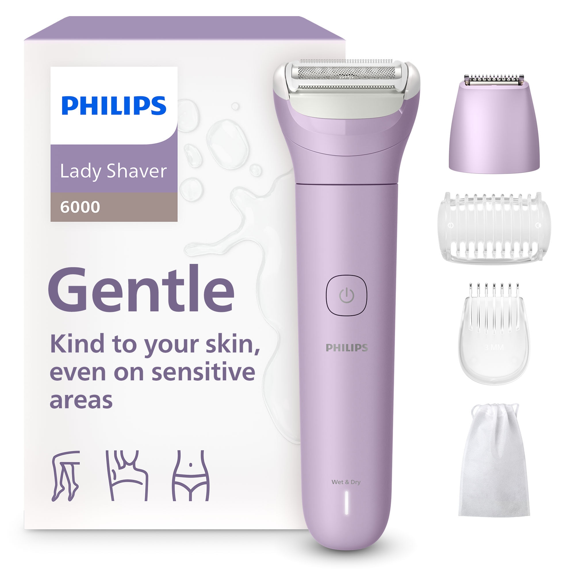 Image of Philips Elektrorasierer "Lady Shaver Series 6000" 3 Stk. Aufsätze kabelloser Rasierer, nass und trocken, inkl. Trimmeraufsatz