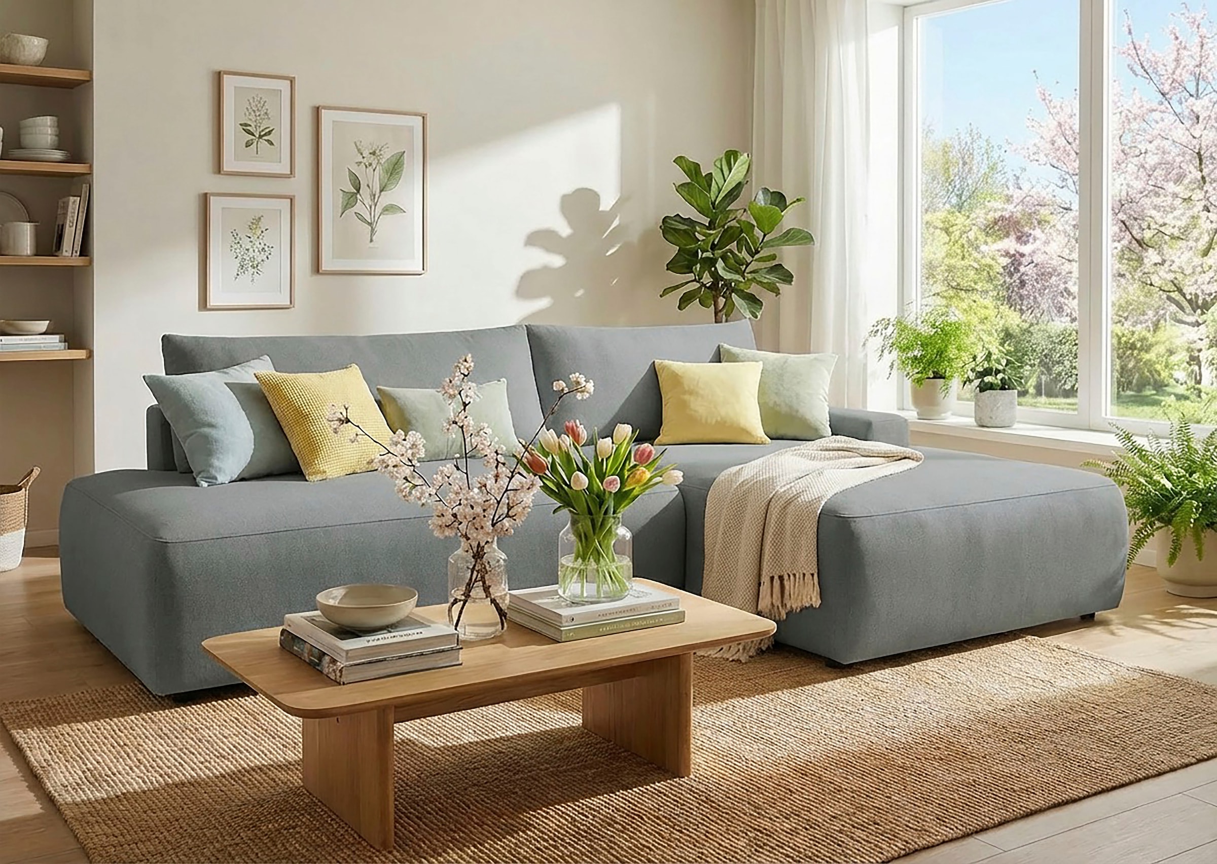 Image of TRENDMANUFAKTUR Ecksofa "Prag, Schlafsofa mit Bettkasten, Couch in L-Form, Breite 253 cm" in feinem Strukturstoff, grau, Recamiere rechts