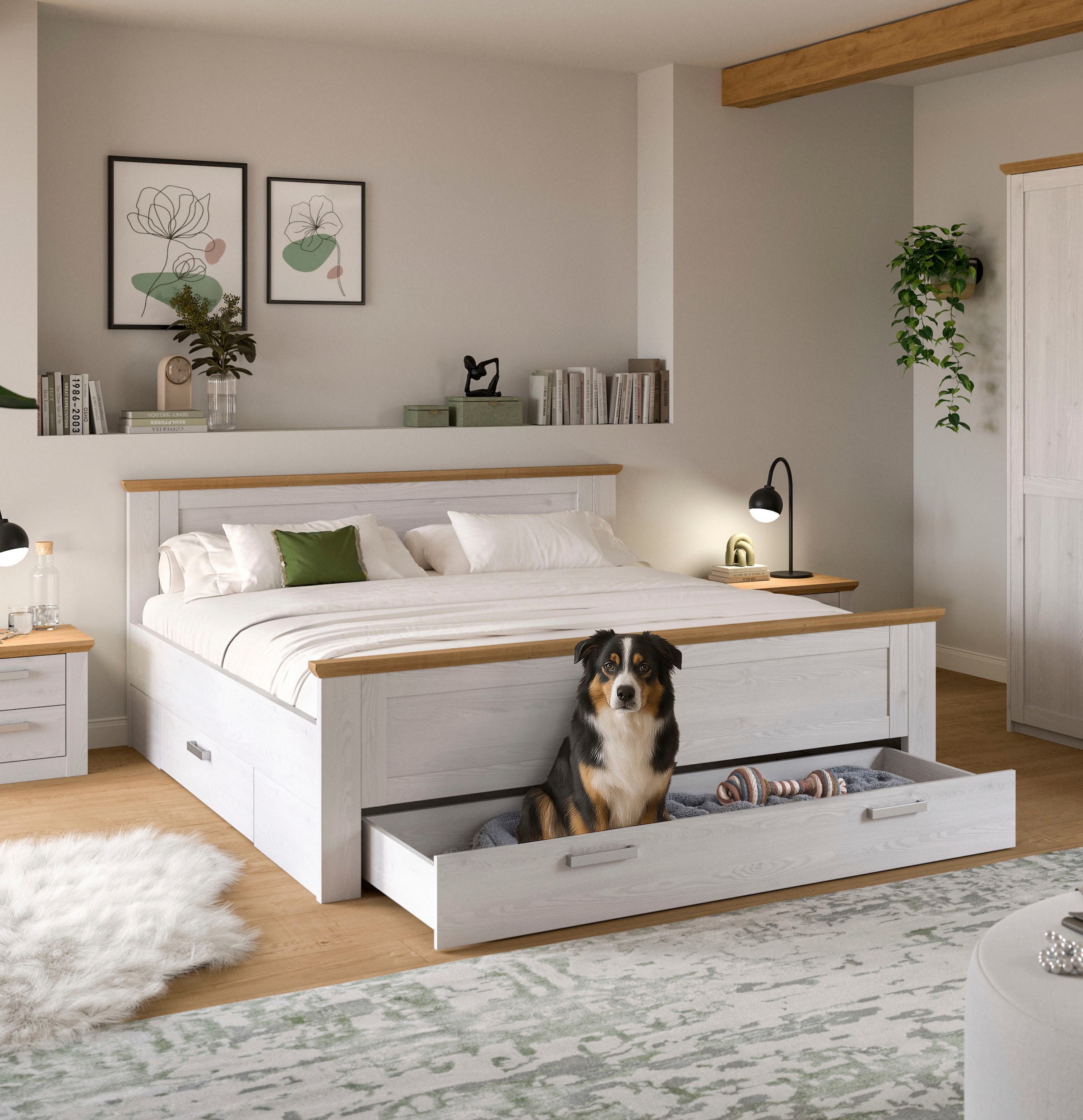 Home affaire Lit de rangement »COSENZA, Breite 189cm, im Landhausstil, 3 Schubkästen« Pour matelas 180x200 cm, beaucoup de rangement, sans matelas ni sommier,  lit, lit coffre, cadre de lit, chambre à coucher, dormir