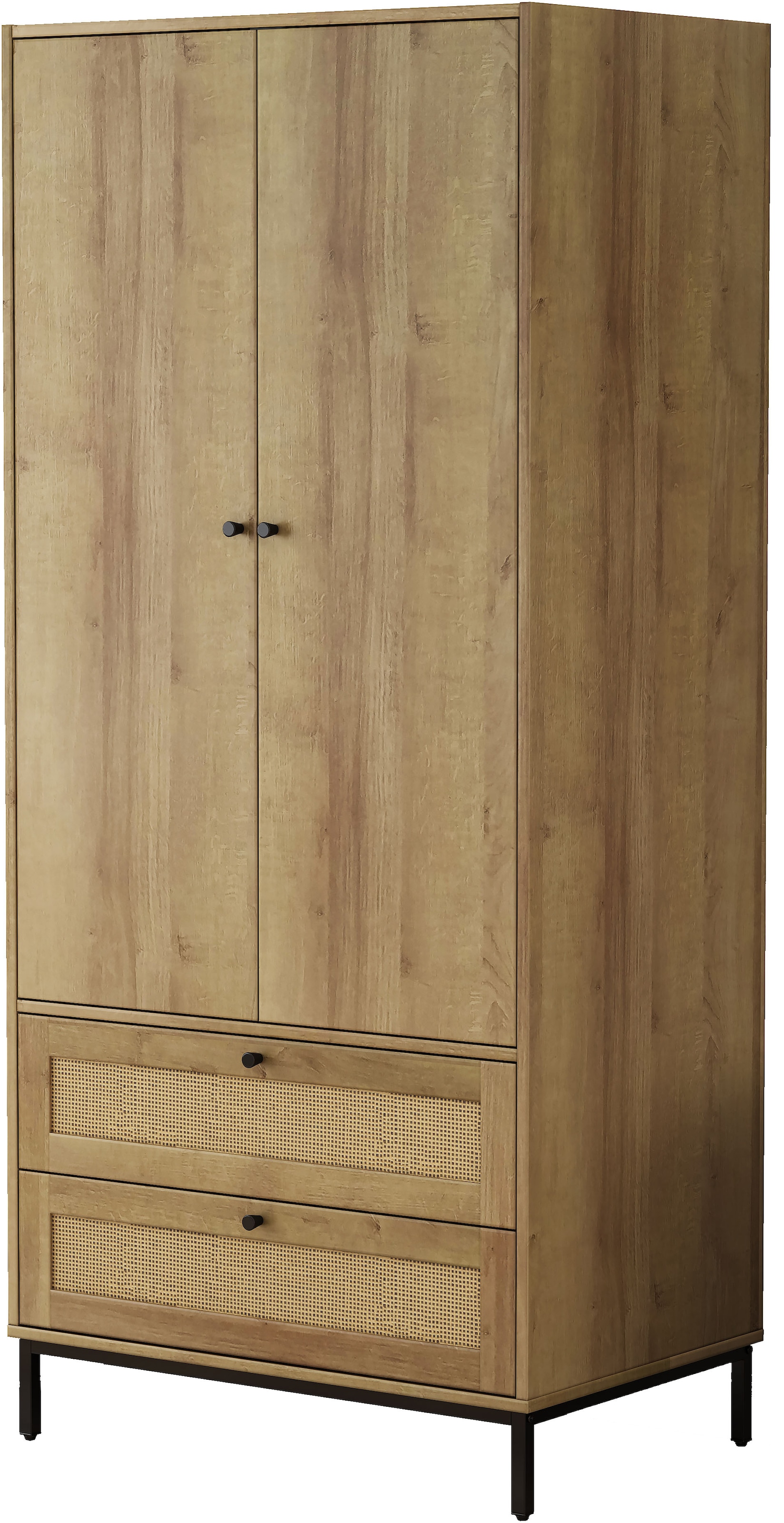 GOODproduct Armoires à vêtements »Motala Schlafzimmerschrank Garderobe Boho Eichen-Design Bestseller« Moderne schwarze Griffe, Schublade mit Geflecht,  Schlafzimmerschrank mit 2 Türen und 2 Schubladen