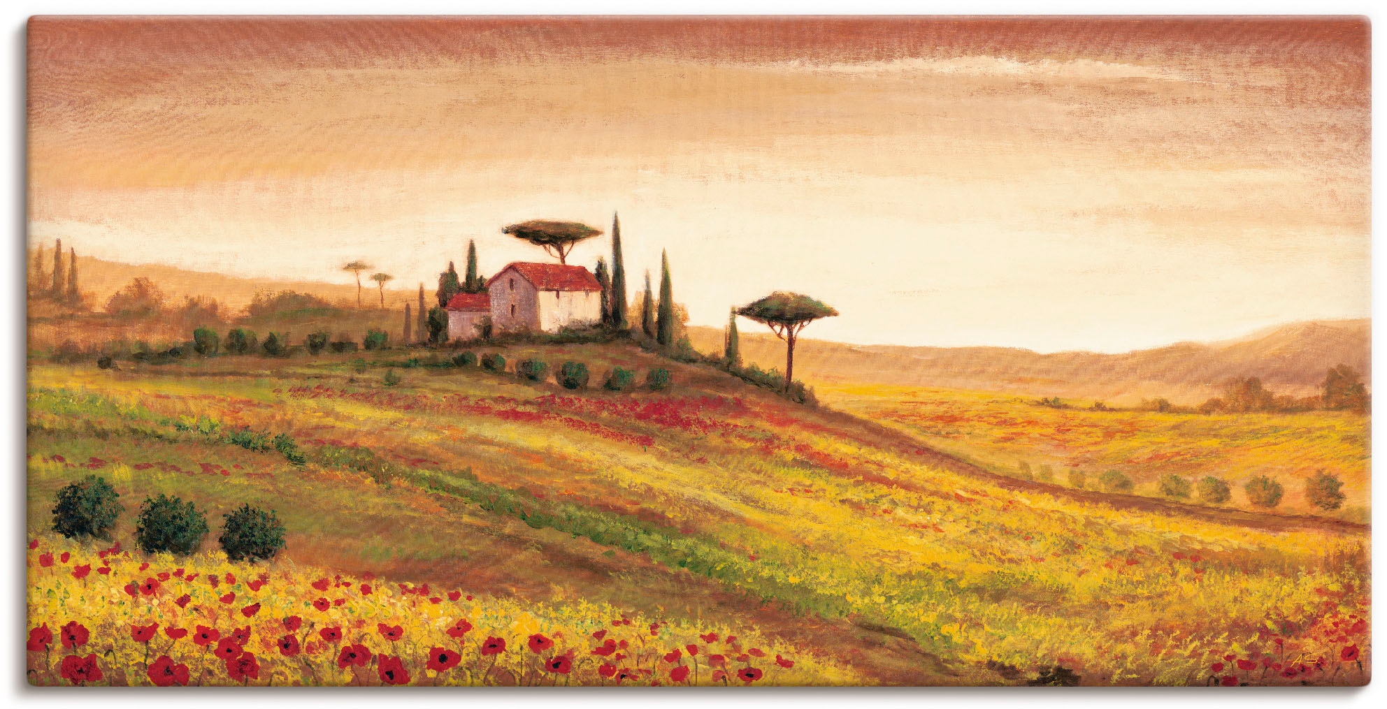 Image of Artland Leinwandbild "Toskanalandschaft mit Mohnblumen" Europa 1 Stk. tlg. auf Holzrahmen gespannt