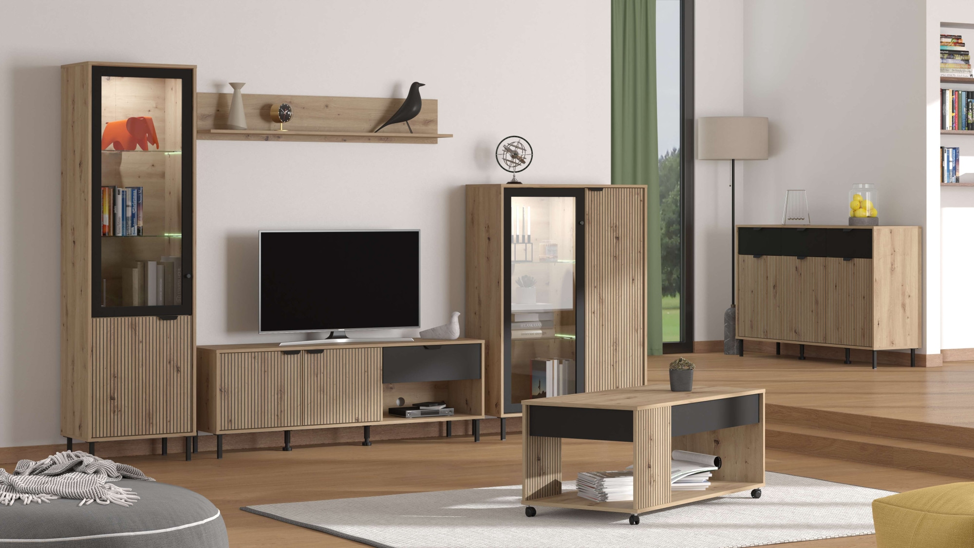 Home affaire Vitrine »Mayenne Vitrinenschrank, Standvitrine, Showcase, B/H: 54,5/195 cm« Holztür mit Rillen-Optik, Glastür, Modernes Design