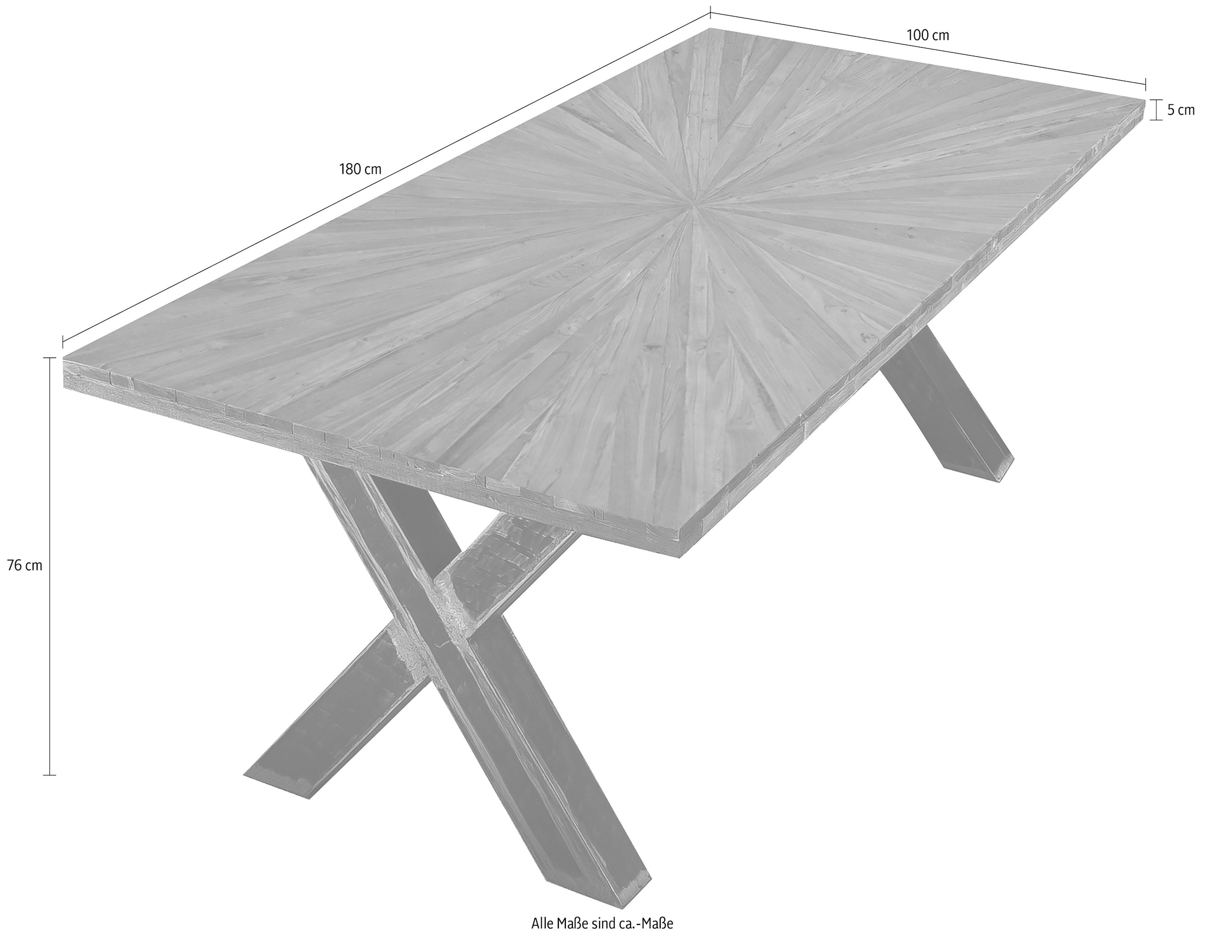 SIT Table de salle à manger »Skopje Recyceltes Teakholz mit Sonnen-Design & X-Gestell aus Metall« Teck massif rencontre une structure caractéristique en X