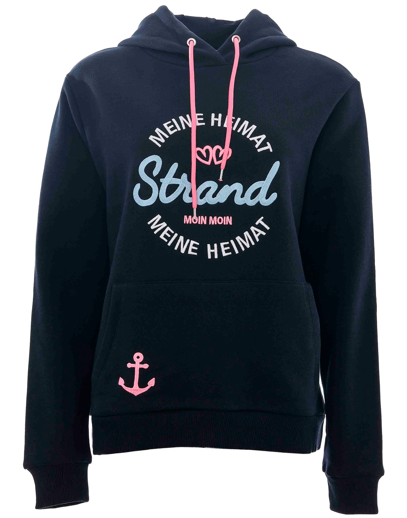 Zwillingsherz Sweatshirt, mit neonfarbenen Kordeln und aufgesticktem "Strand"-Schriftzug