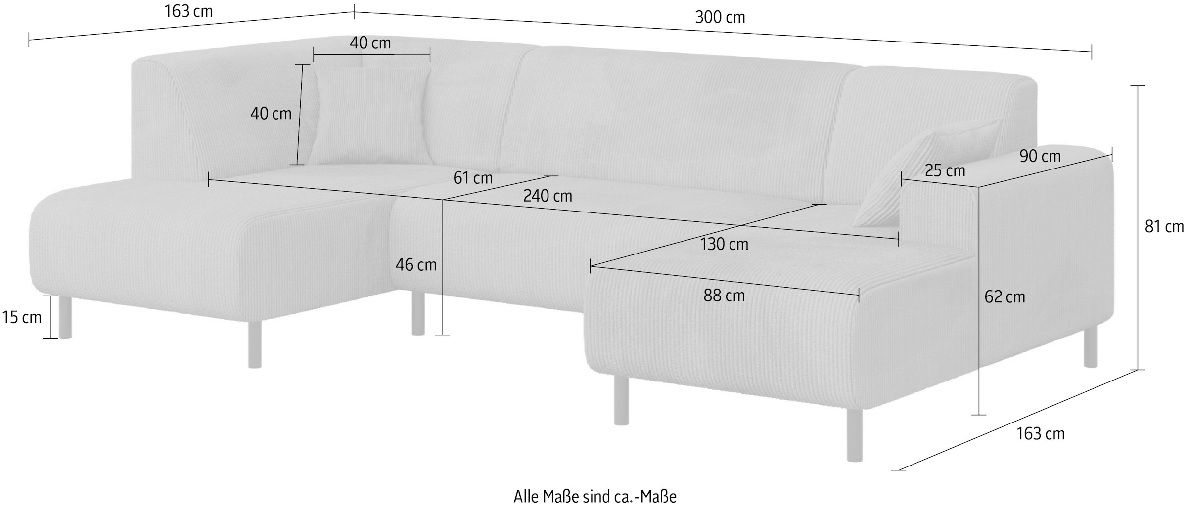 Home affaire Wohnlandschaft »ARROS U-Form mit Wellenunterfederung, Masse B/T/H: 300/163/81 cm«, incl. Zierkissen, mit Recamiere links/rechts bestellbar, auch in Cord