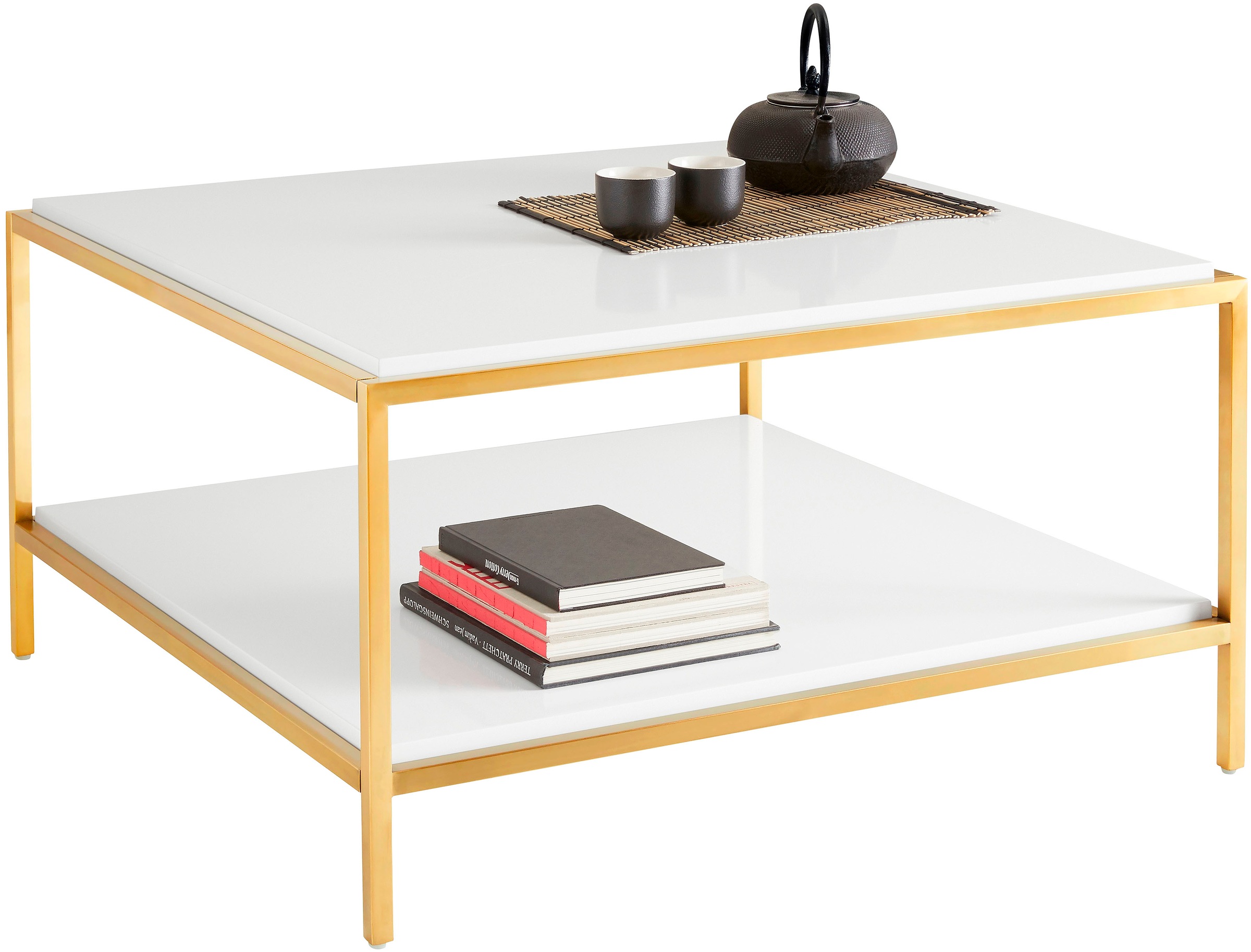 Image of GOODproduct Couchtisch "Cherlen" mit zwei Ablageflächen und goldfarbenem Gestell, quadratisch
