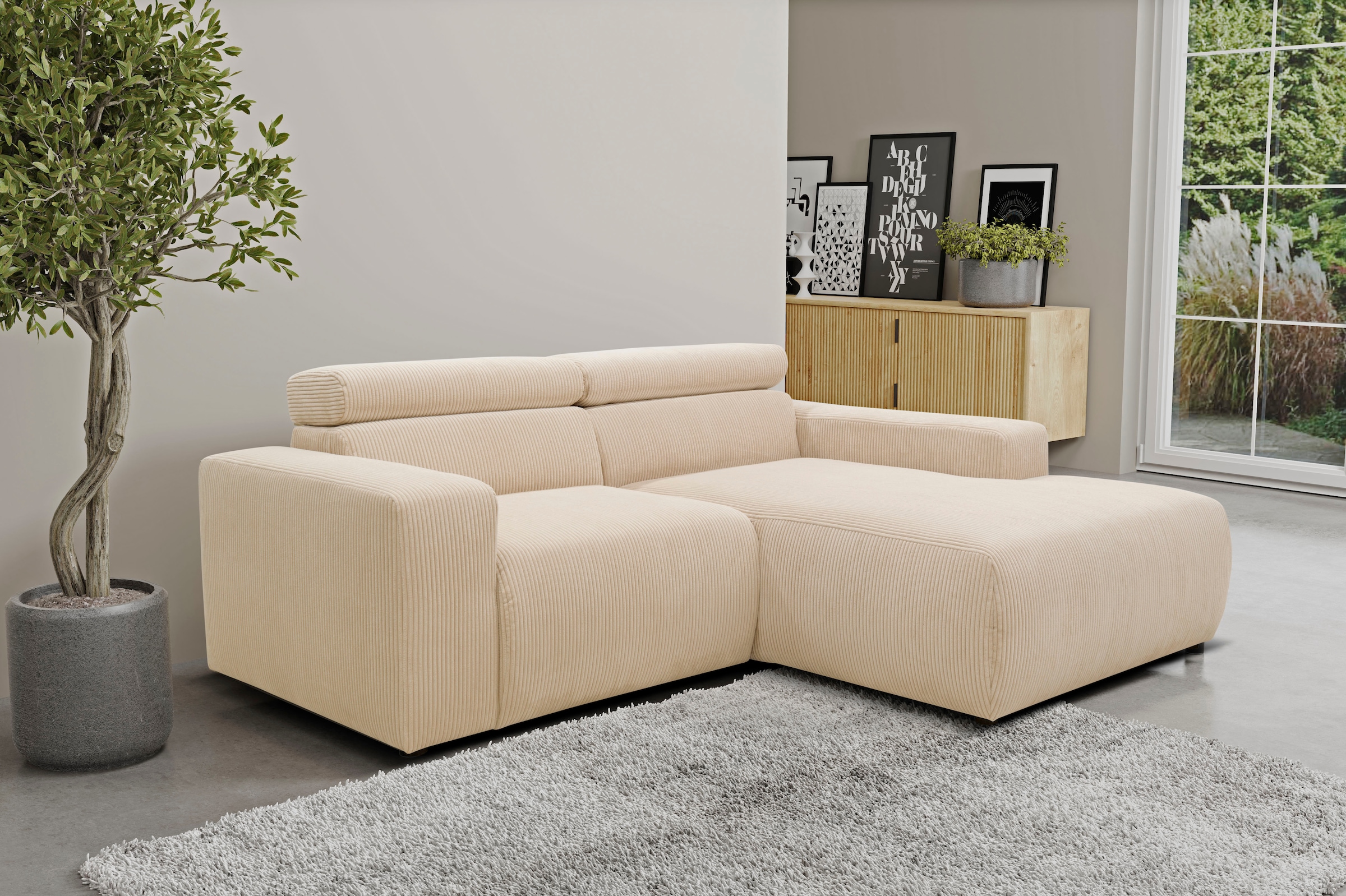 Image of DOMO collection Ecksofa "BRANDON inkl. Kopfteilverstellung, 214x100x80 cm, L-Form" Cord, creme