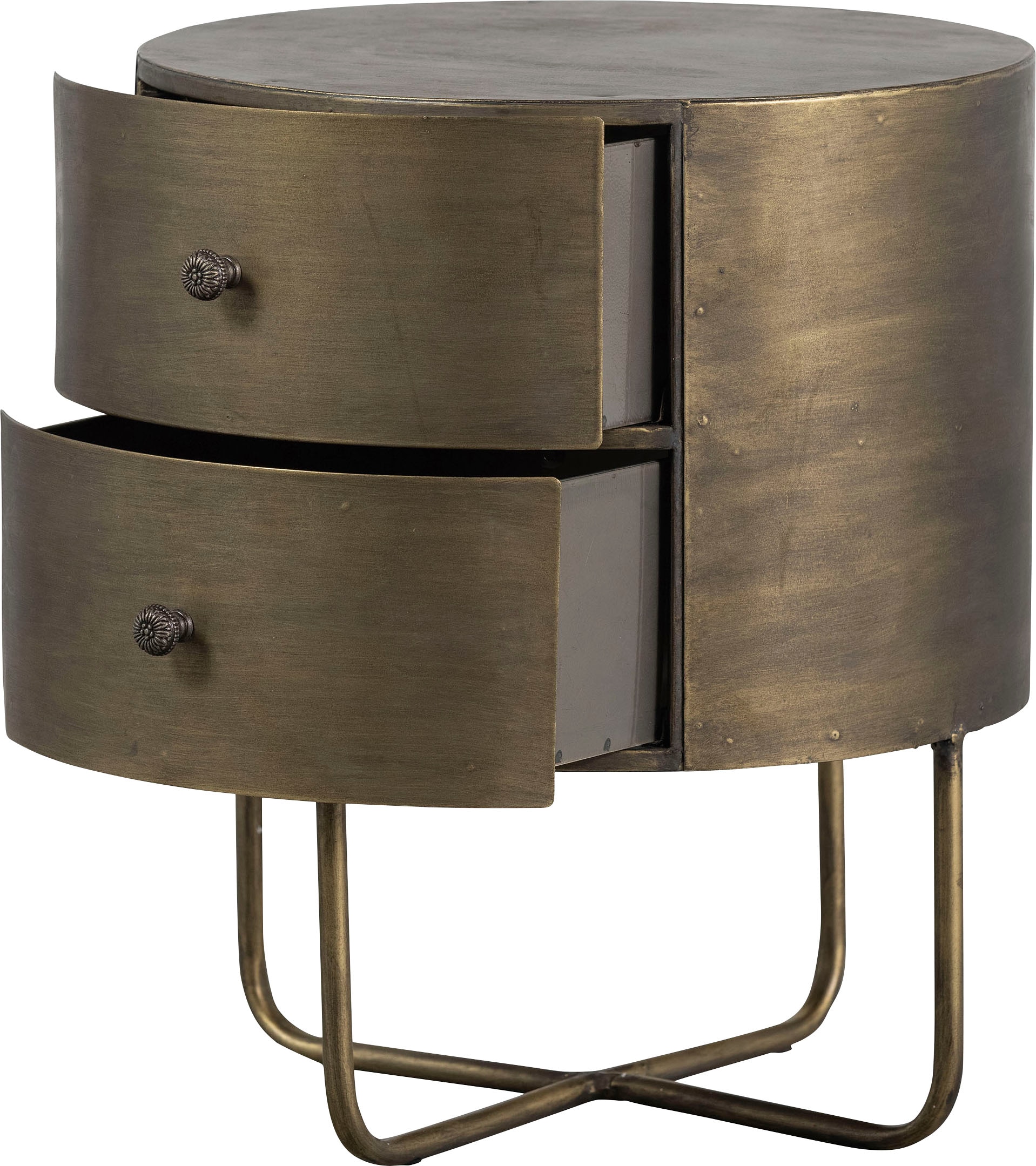 WOOOD Beistelltisch »Glossy Metall Antique-Brass-Beschichtung, H 48 x B 39 x T 39 cm« Zwei Schubladen ohne Schienen, pfleigleicht, fertig montiert geliefert