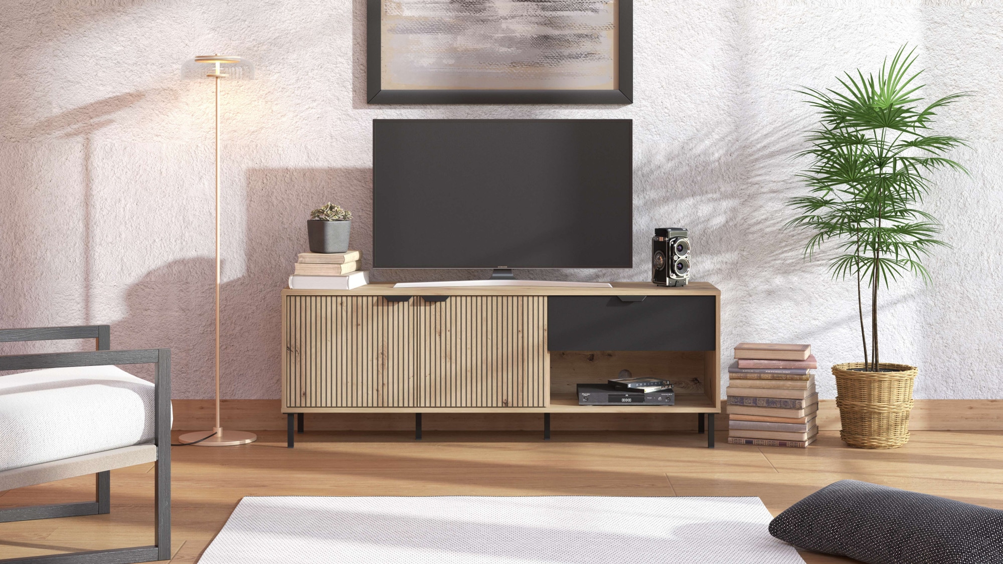Image of Home affaire Lowboard "Mayenne TV-Lowboard, Breite 150 cm, TV-Schrank, TV-Ständer" TV-Kommode mit dekorativen schwarzen Streifen, in Artisan Eiche
