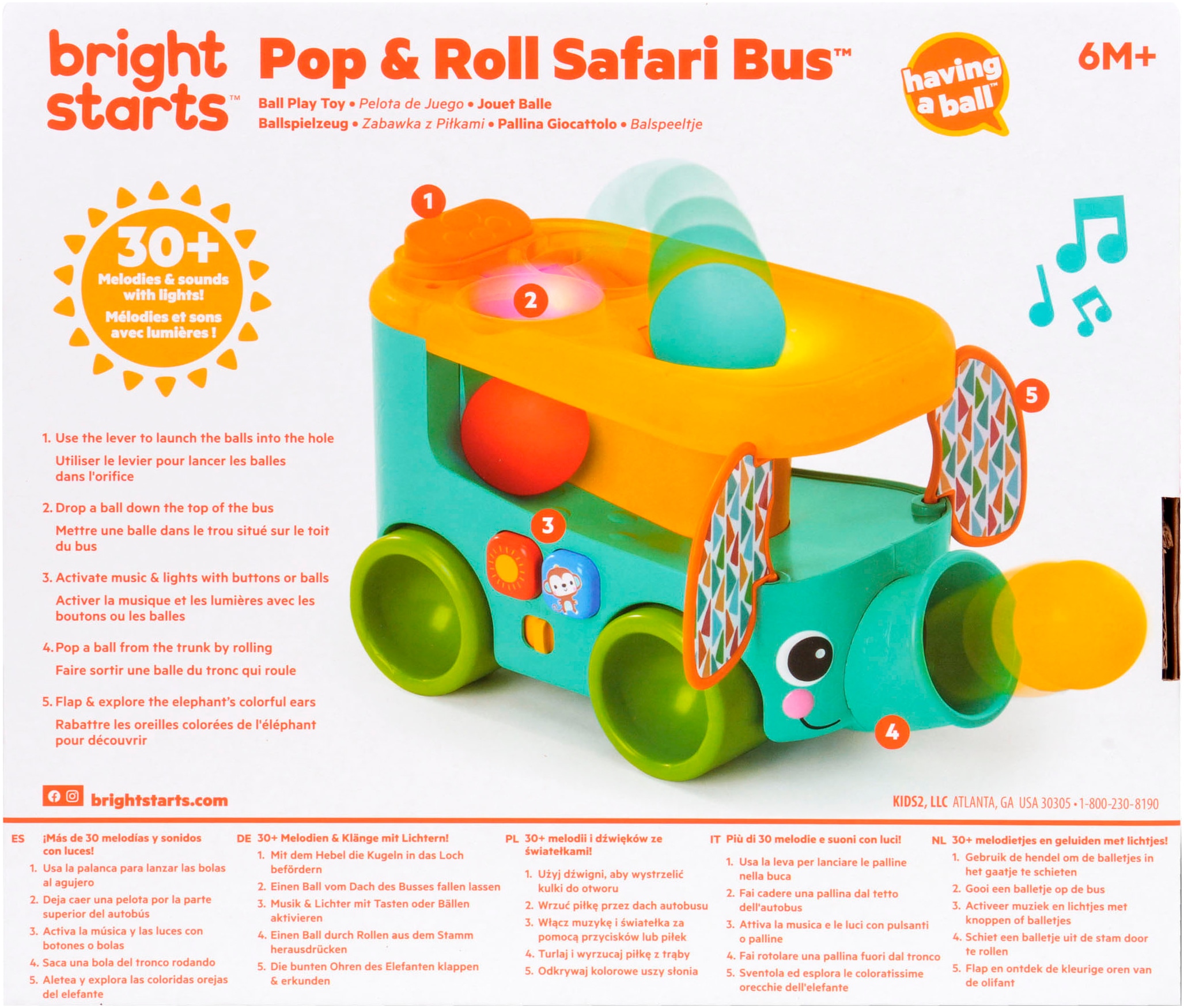 Bright Starts Jouets éducatifs »Pop & Roll Safari Bus  Ball Play Toy« mit Licht und Sound