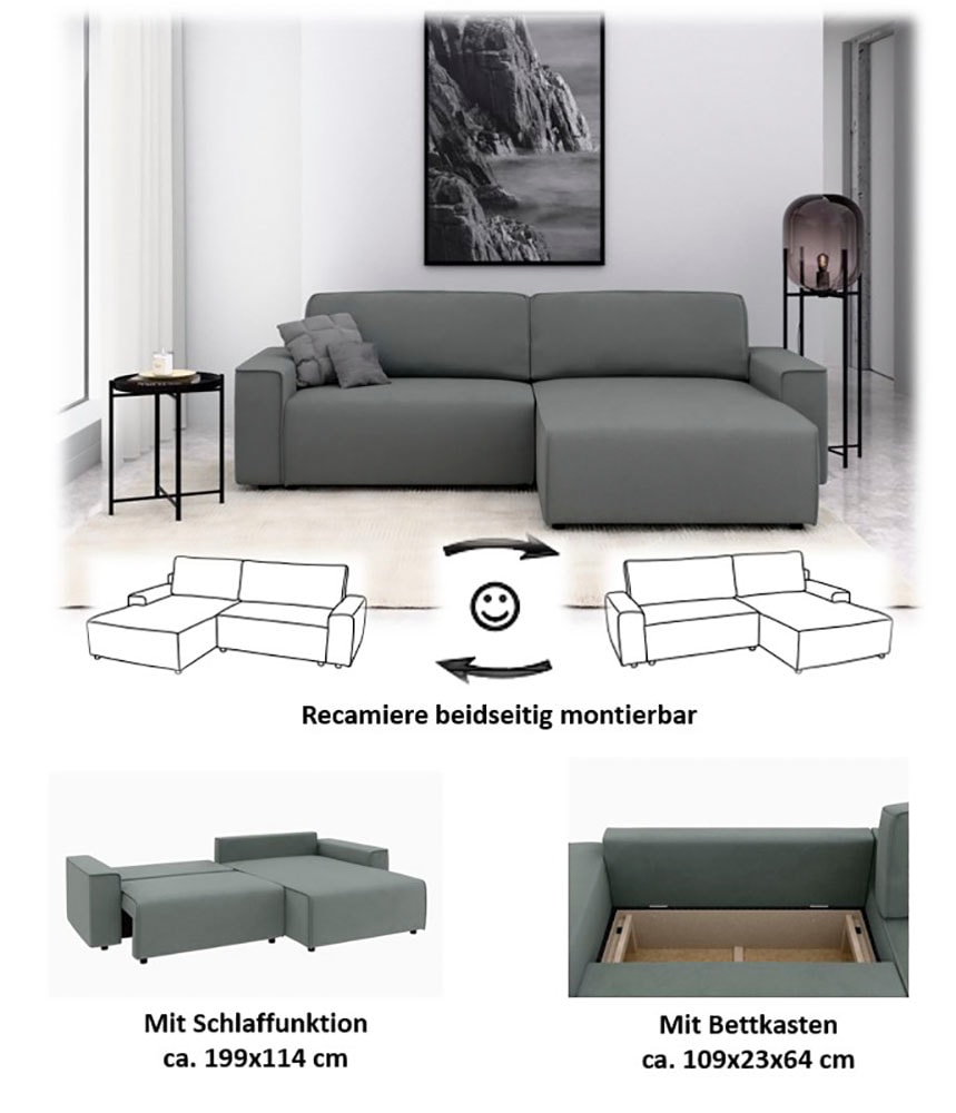 Home affaire Ecksofa »Chance, Recamiere beidseitig montierbar, Schlaffunktion, Breite 265 cm« in Struktur fein LINO, mit Schlaffunktion und Bettkasten