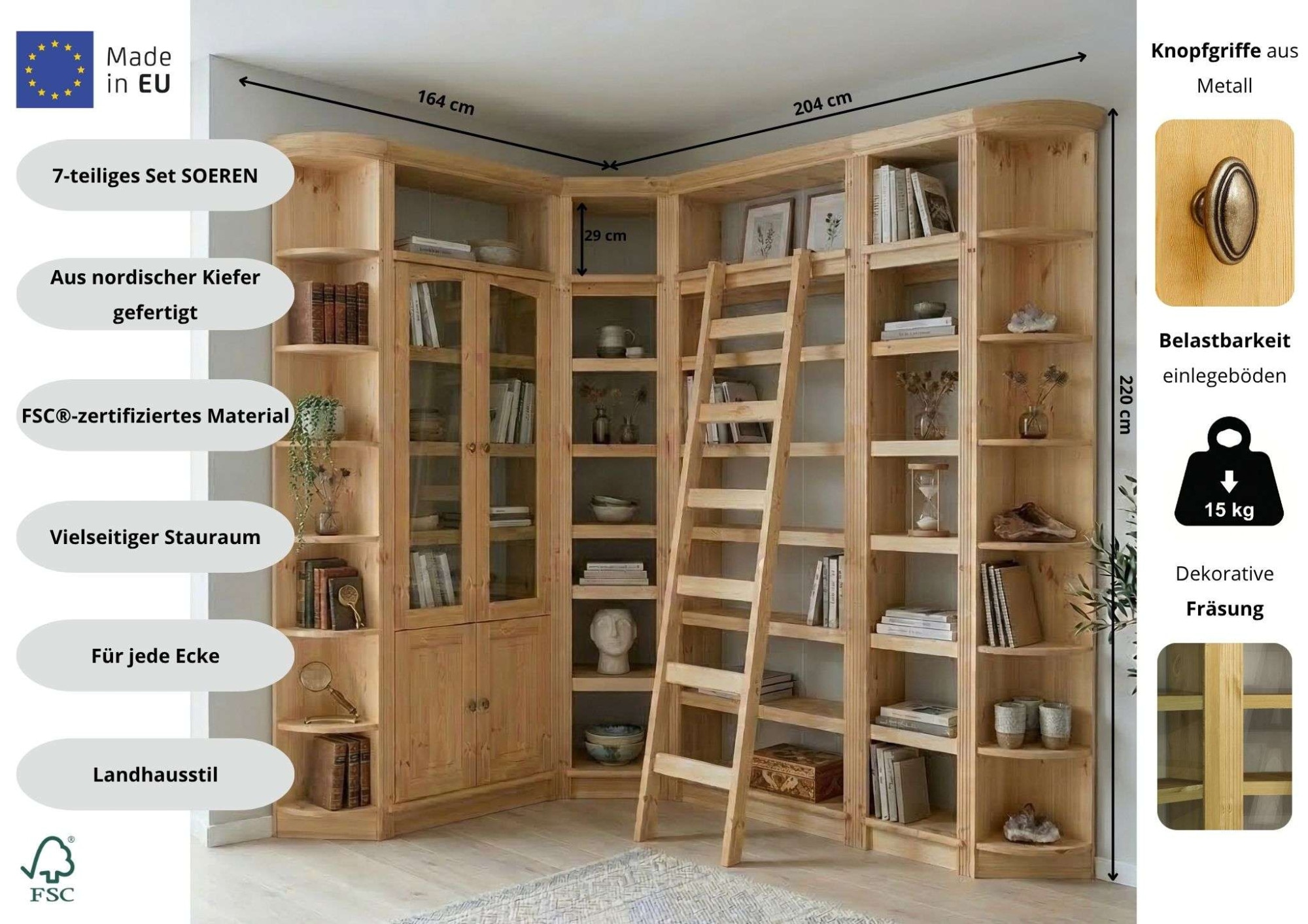GOODproduct Bibliothek »Soeren - 7-tlg. Set: mit 1 Regal B 80 cm., 1 Regal B 40 cm, 1 Eckregal« Set, 7 Stk. tlg. Inkl. 1 Vitrine,2 gerundeten Abschlussregalen und 1 Holzleiter,H220 cm