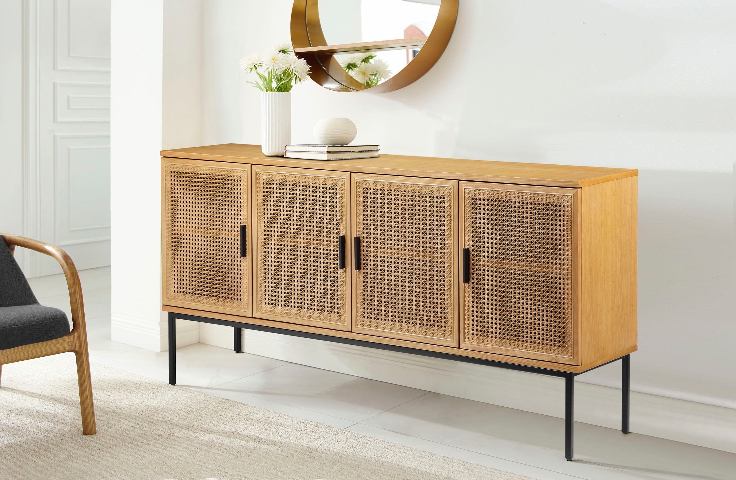 Leonique Couchtisch "Lavisha" Mit Rattan-Geflecht Einsatz, 4-türig