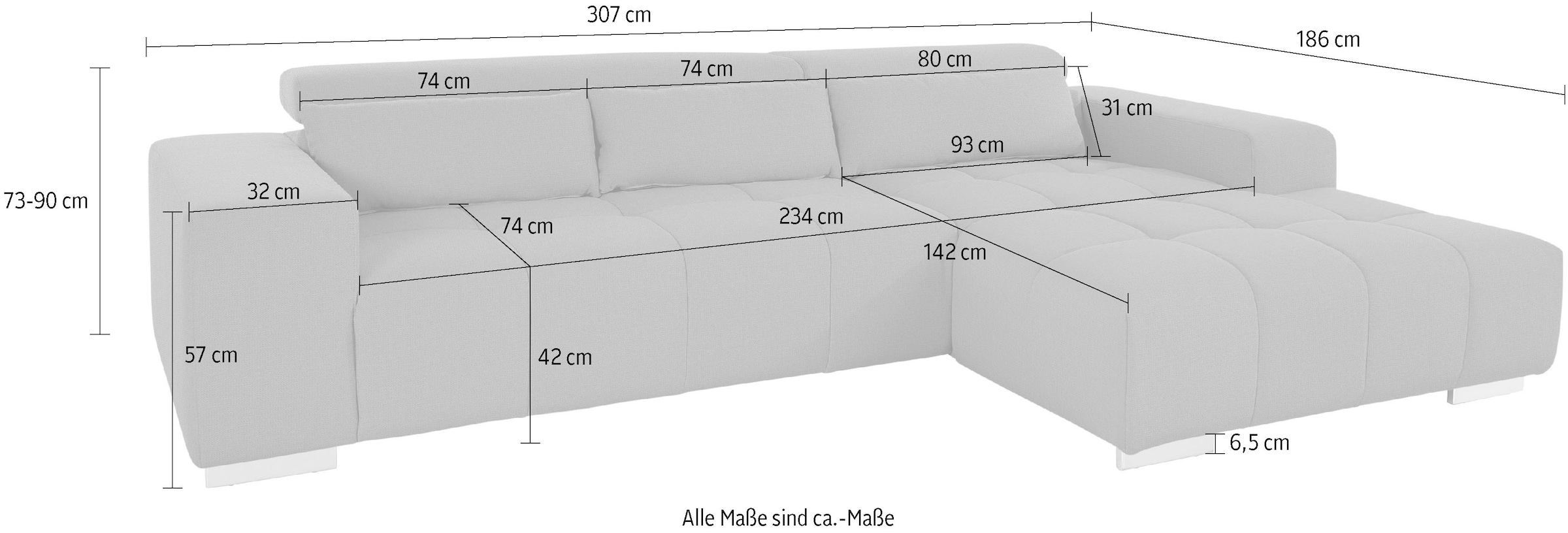 COTTA Canapé d'angle »Orion L-Form« mit 2x Kopfteilverstellung & 3 Nierenkissen