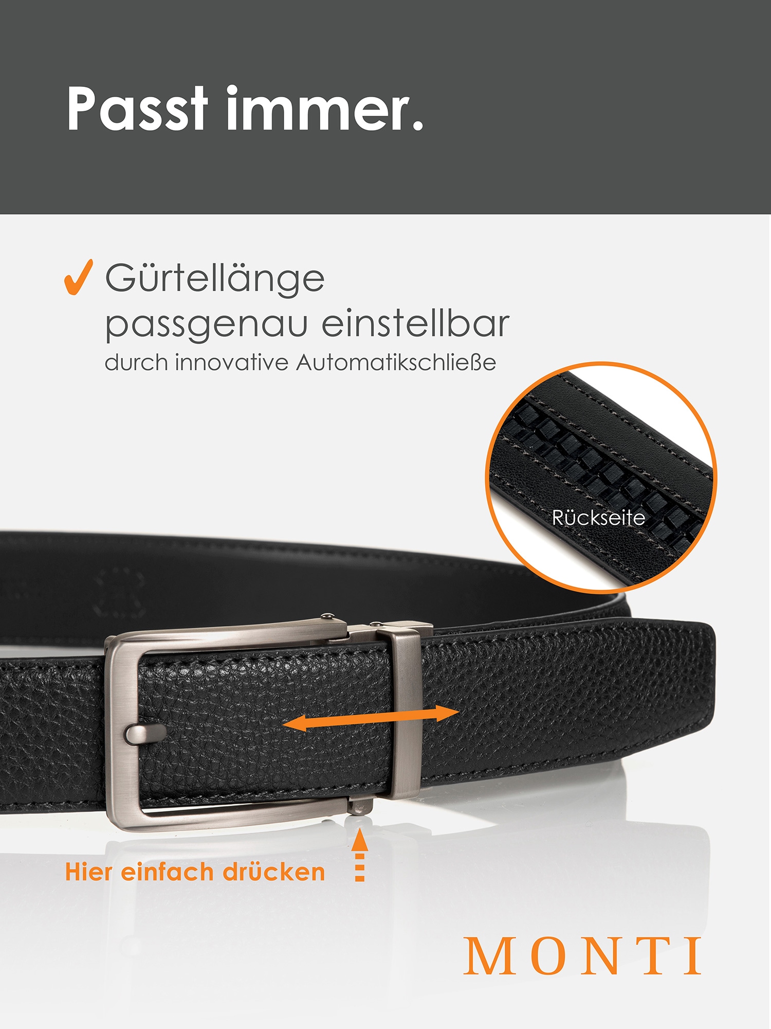MONTI Ledergürtel, 3,5 cm breit, Klassisch-Business, Automatikschliesse - Passt immer