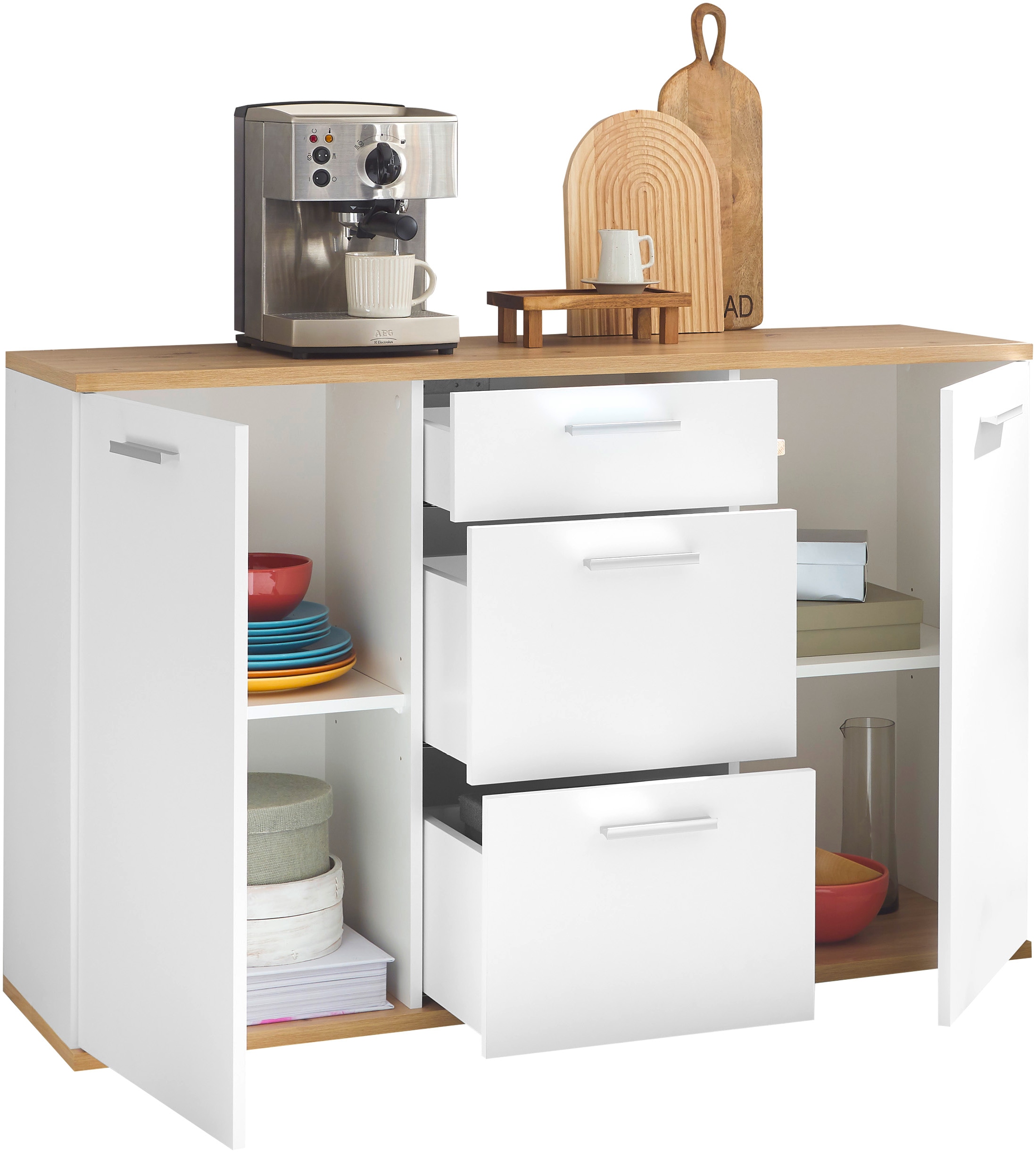 HBZ Kommode »BC1035 weiss matt, BxHxT 135x86x38 cm« Kommode mit 2 Türen, 3 Schubkästen, 2 Einlegeböden