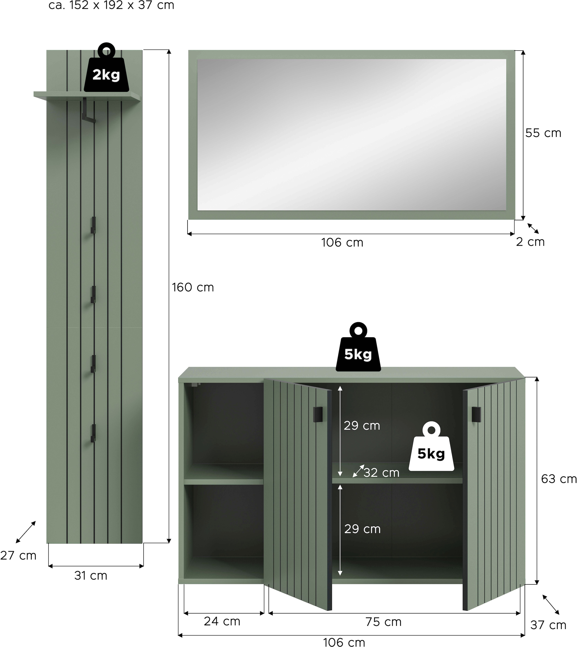 Home affaire Ensemble de vestiaires »TATIO, 3-tlg. Garderobenkombination, Breite: 152 cm, Rilenfräsung« Set, Set, best. aus: 1 Garderobenpaneel, 1 Spiegel, 1 Schuhkommode, 3 cuis tlg.