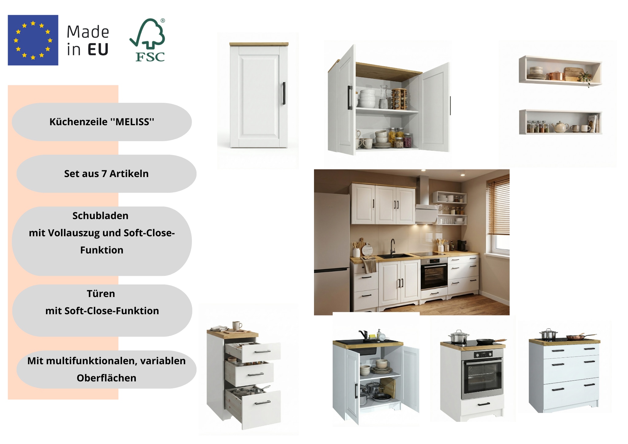 Home affaire Küchenzeile »Meliss« aus massiver Kiefer, mit Soft-Close-Funktion, 8-teiliges Set