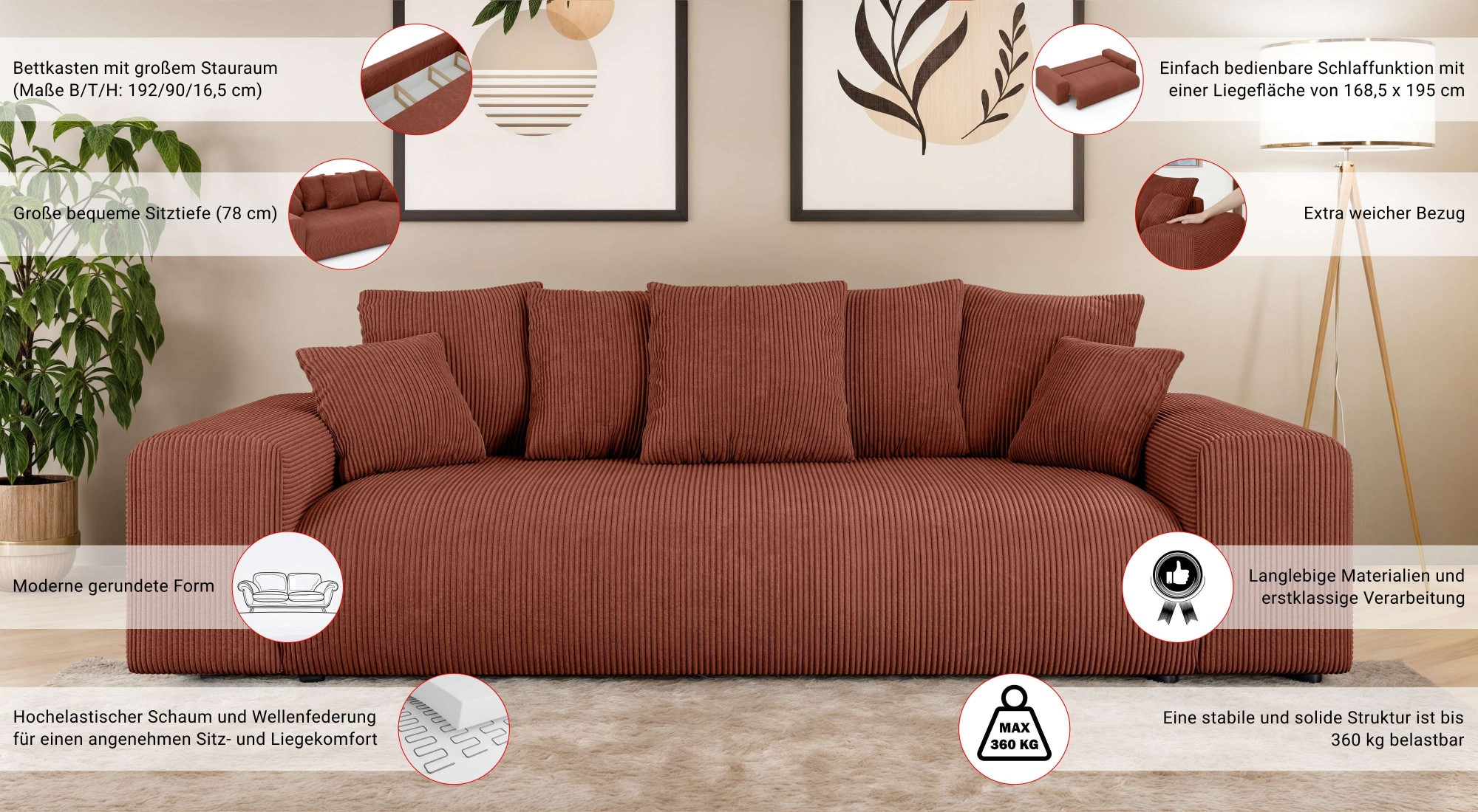 Home affaire Big-Sofa »LAKESIDE 3-Sitzer Schlafsofa mit Bettkasten, Breite 256,5 cm« Liegefläche 168,5x195 cm, hoher Sitzkomfort, Masse B/T/H: 256/122/82cm