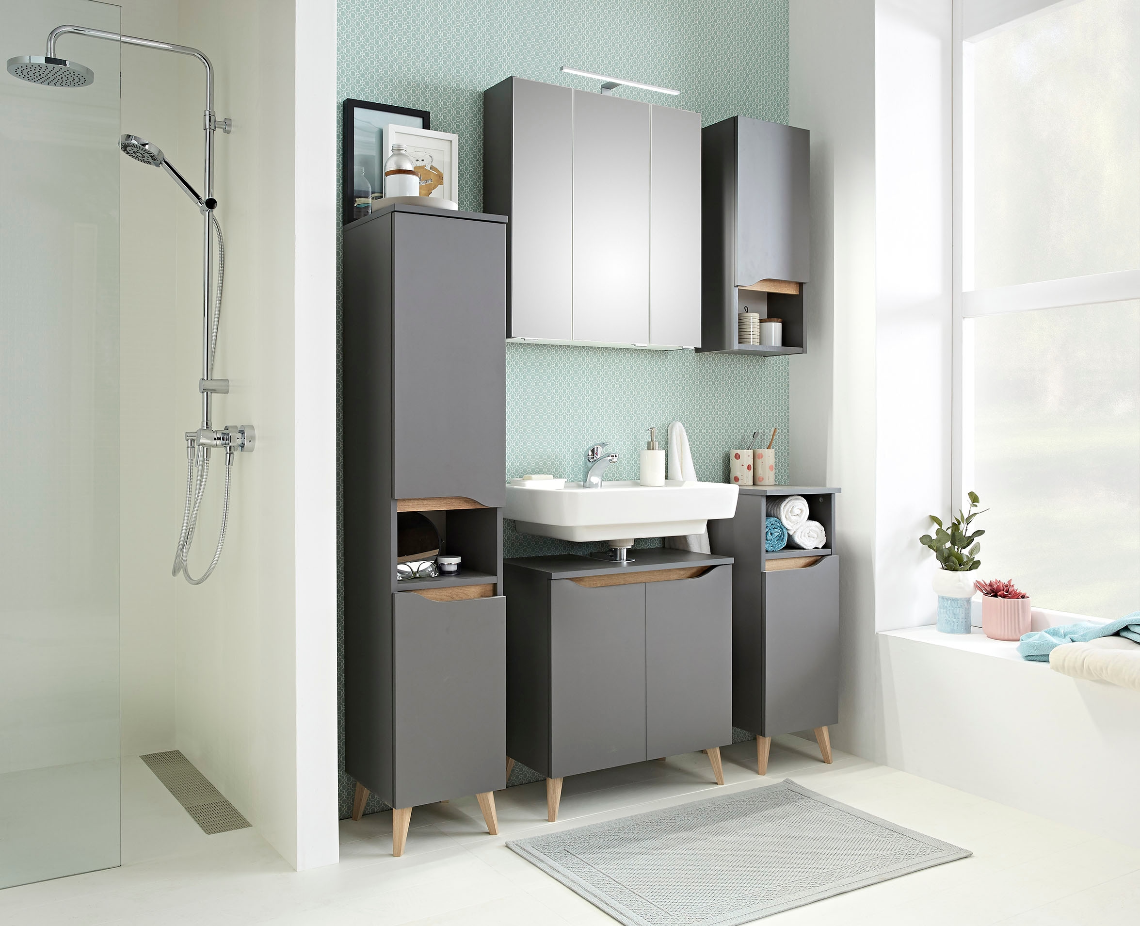 Saphir Ensemble de meubles de salle de bain »Quickset 5-teilig Waschbeckenunterschrank und LED-Spiegelschrank« 5 cuis tlg.