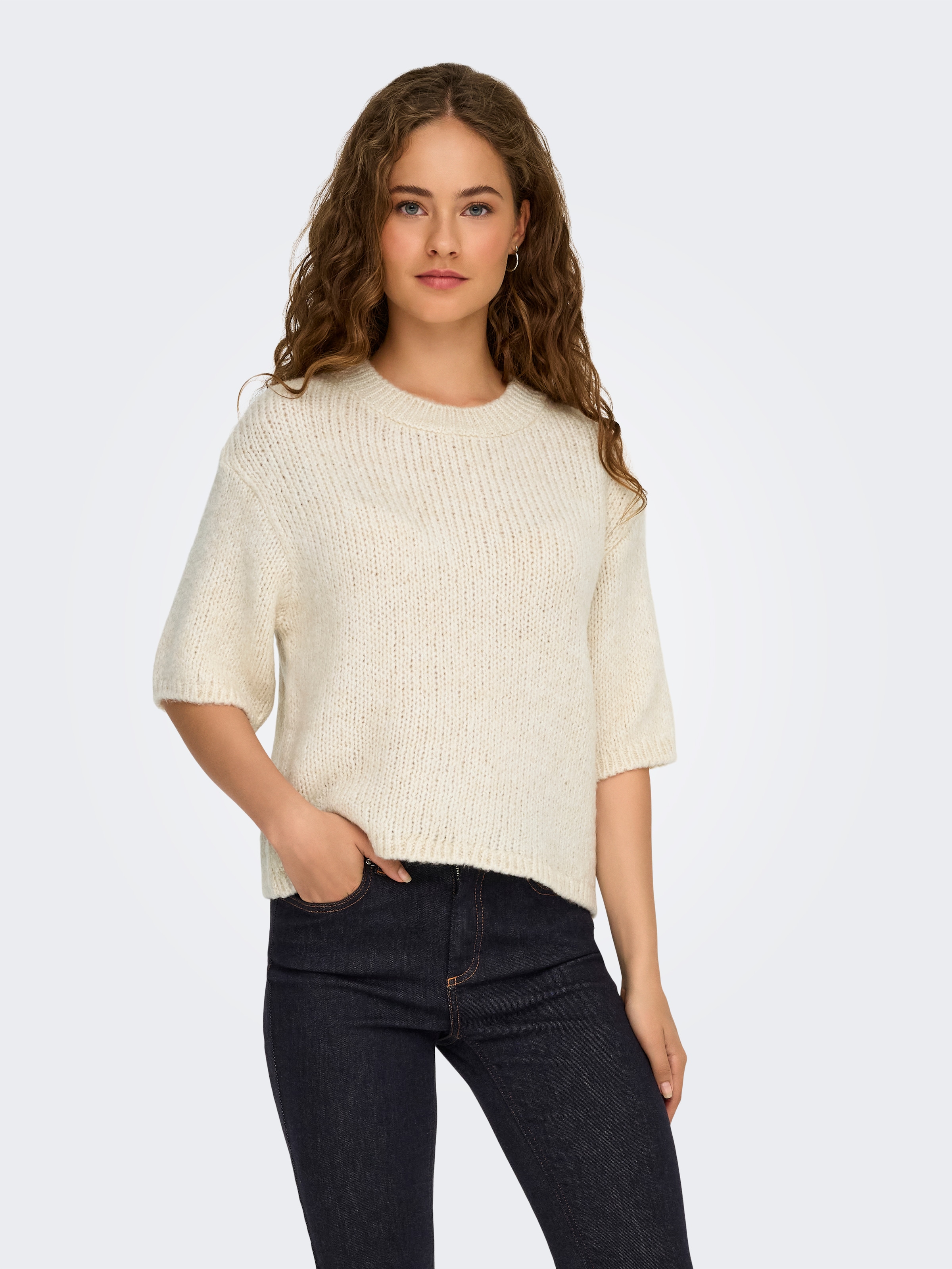 Image of JDY Kurzarmpullover "JDYLINEA S/S PULLOVER O-NECK KNT NOOS" Kunstfaser, Rippstrick